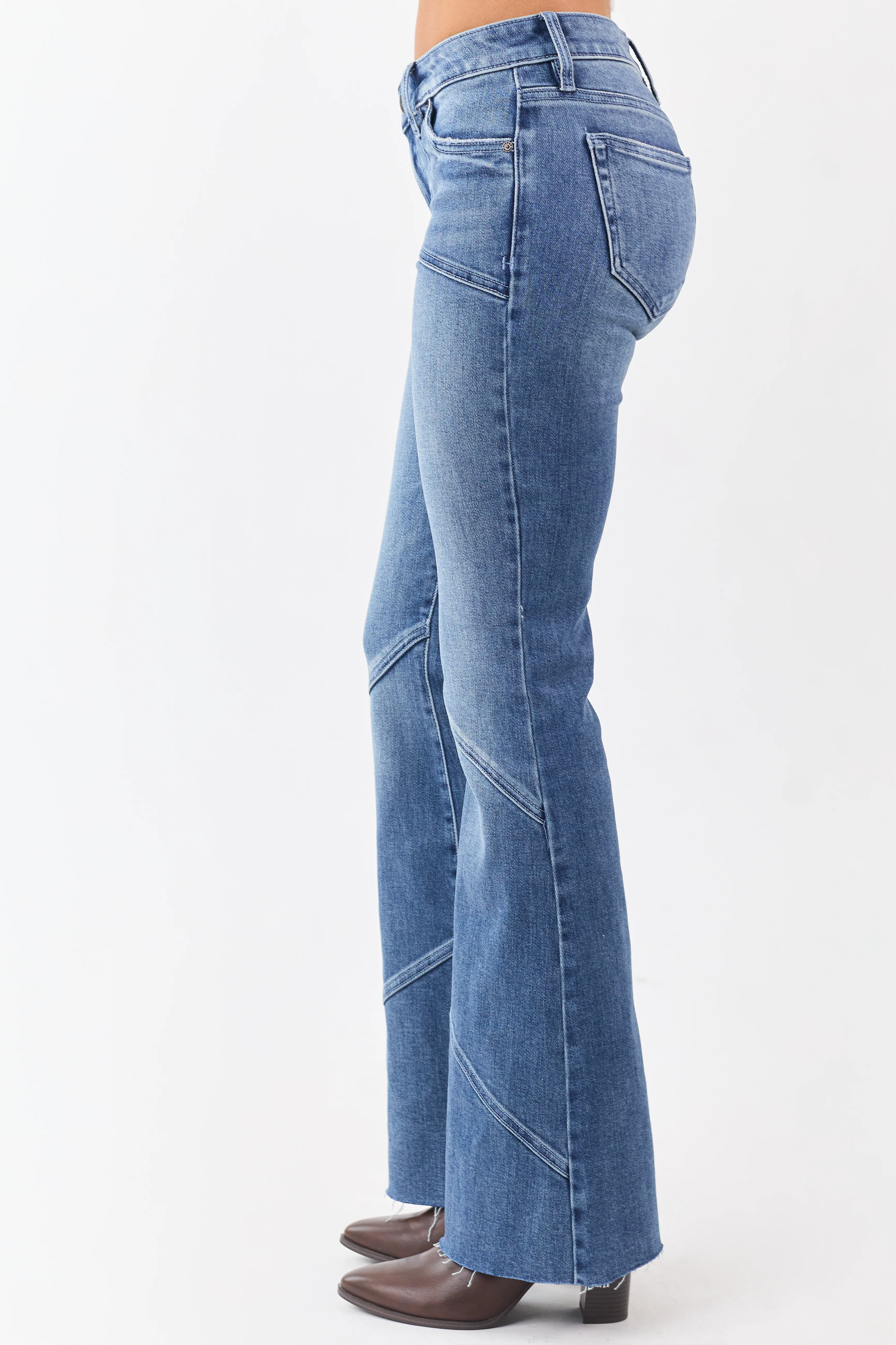 Hidden Medium Wash Seam Detail Stretchy Flare Jeans - Image 3