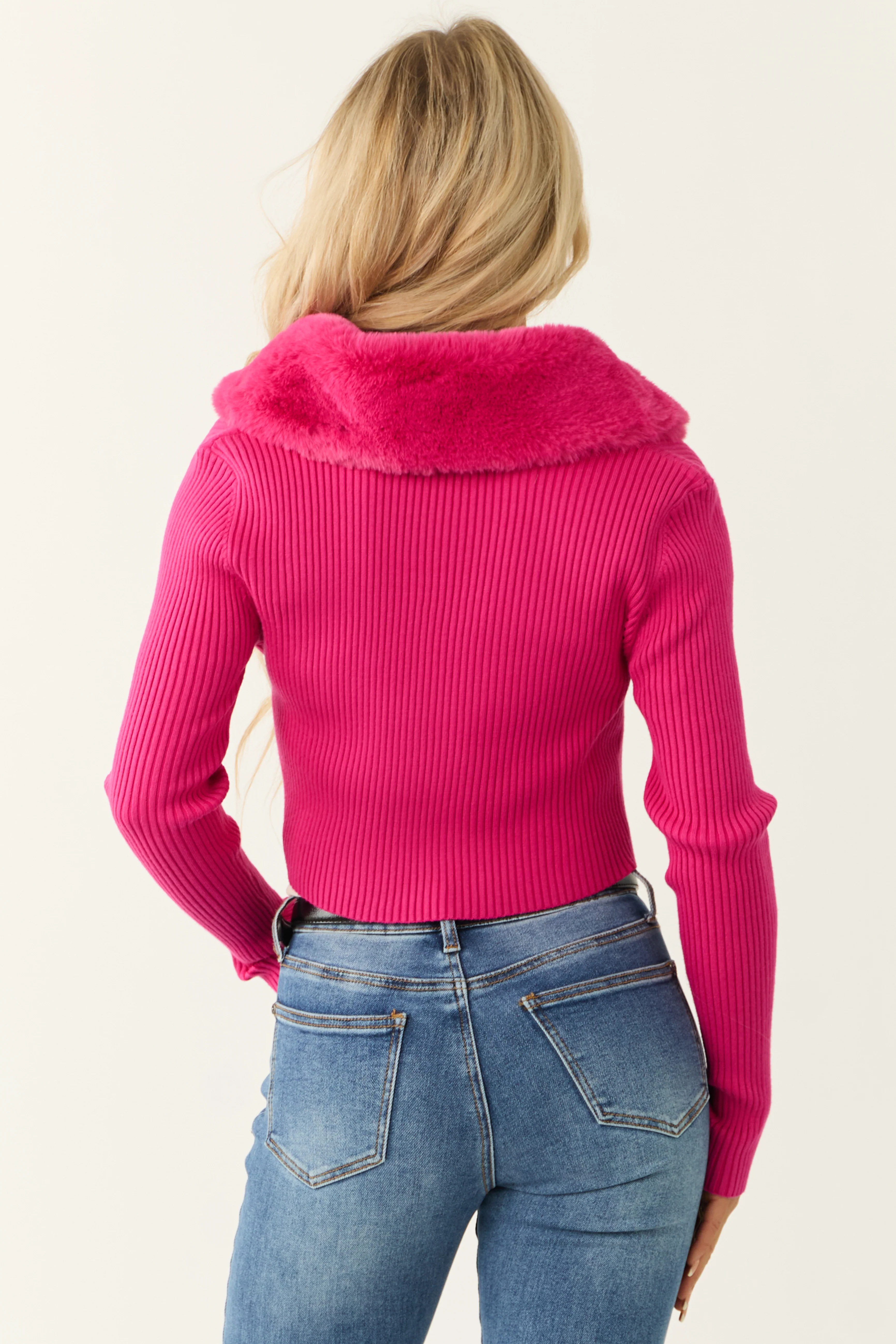 Hot Pink Faux Fur Collar Knit Sweater Cardigan - Image 7
