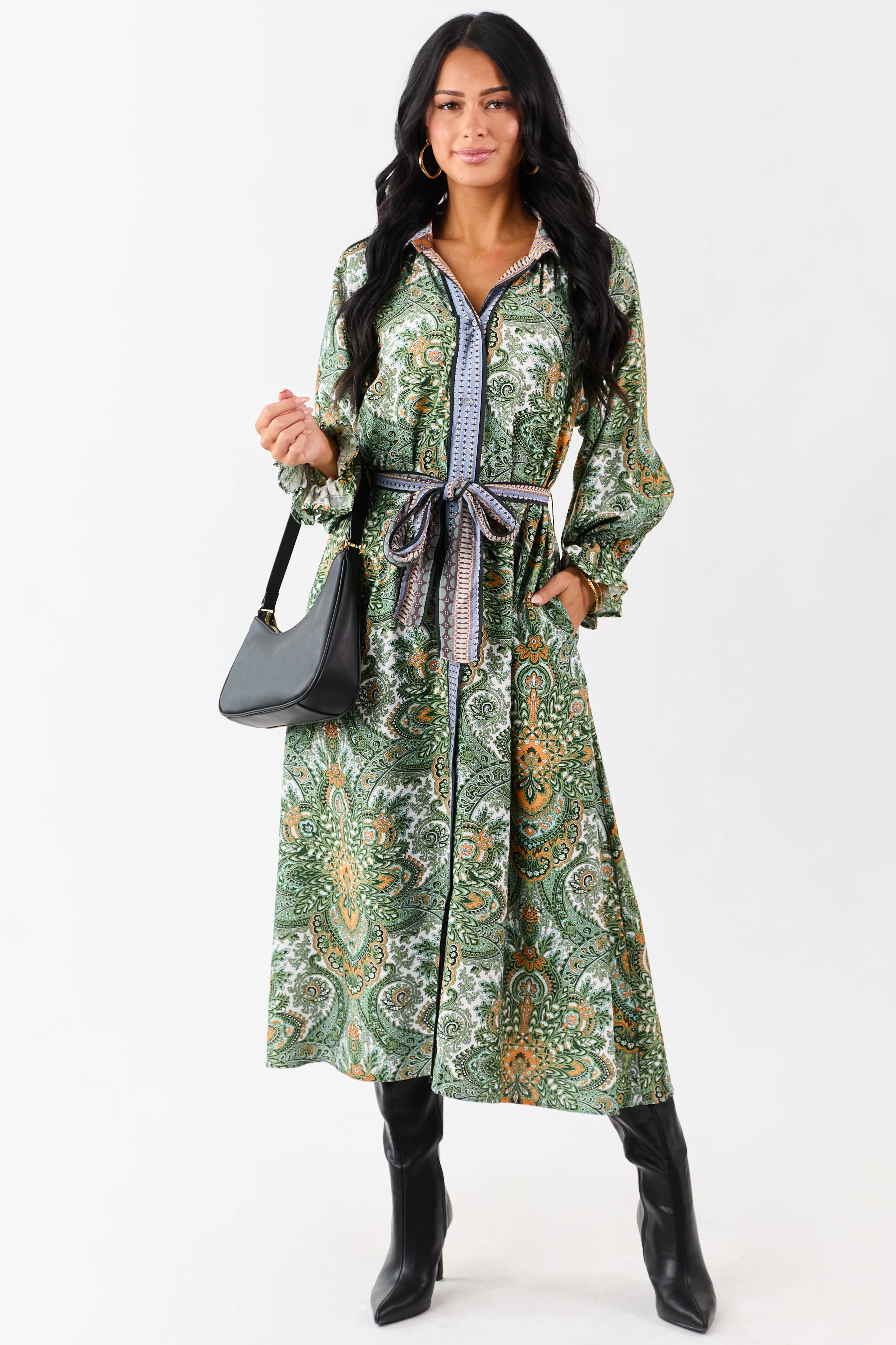 Hunter Green Boho Paisley Button Down Midi Dress