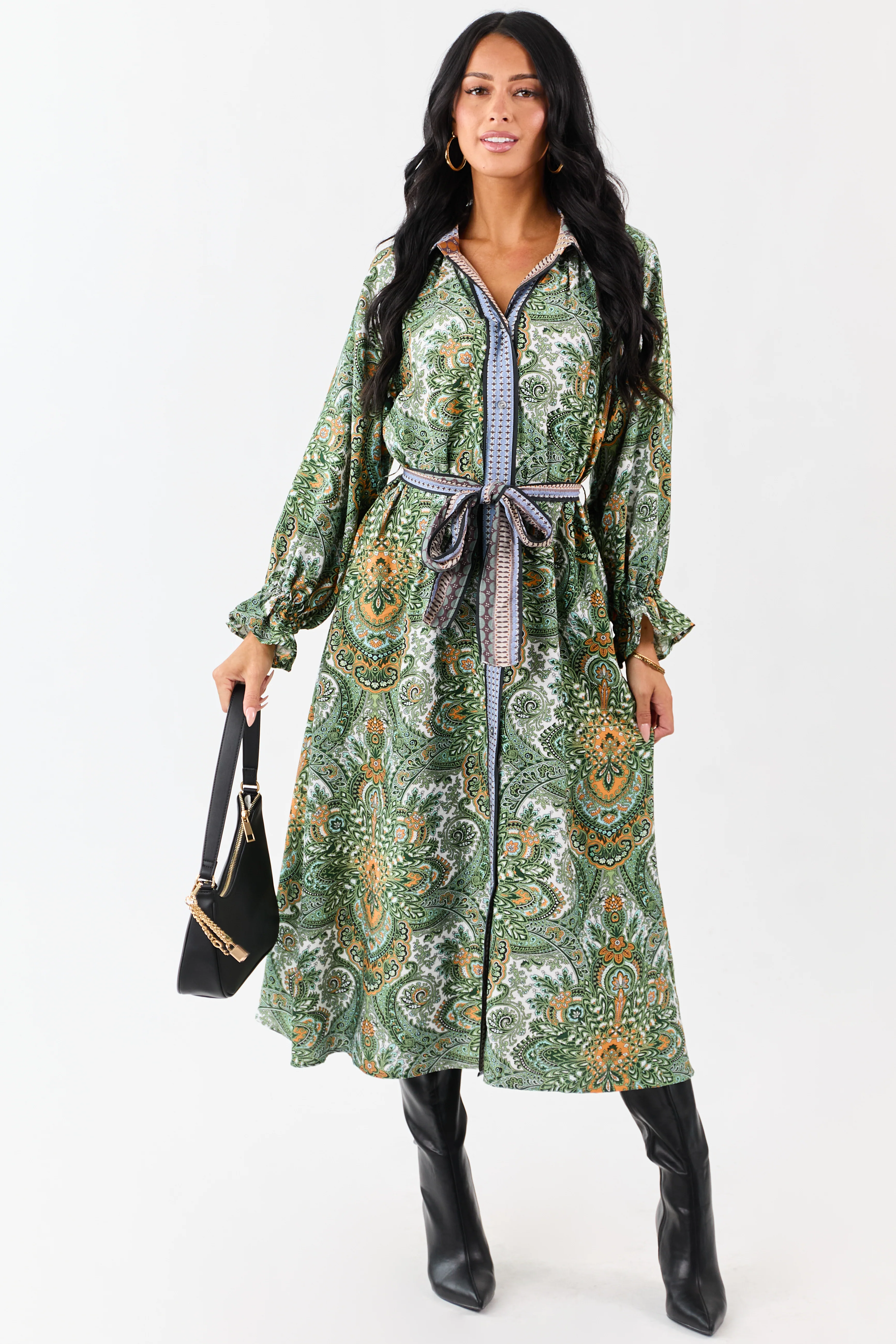 Hunter Green Boho Paisley Button Down Midi Dress - Image 2