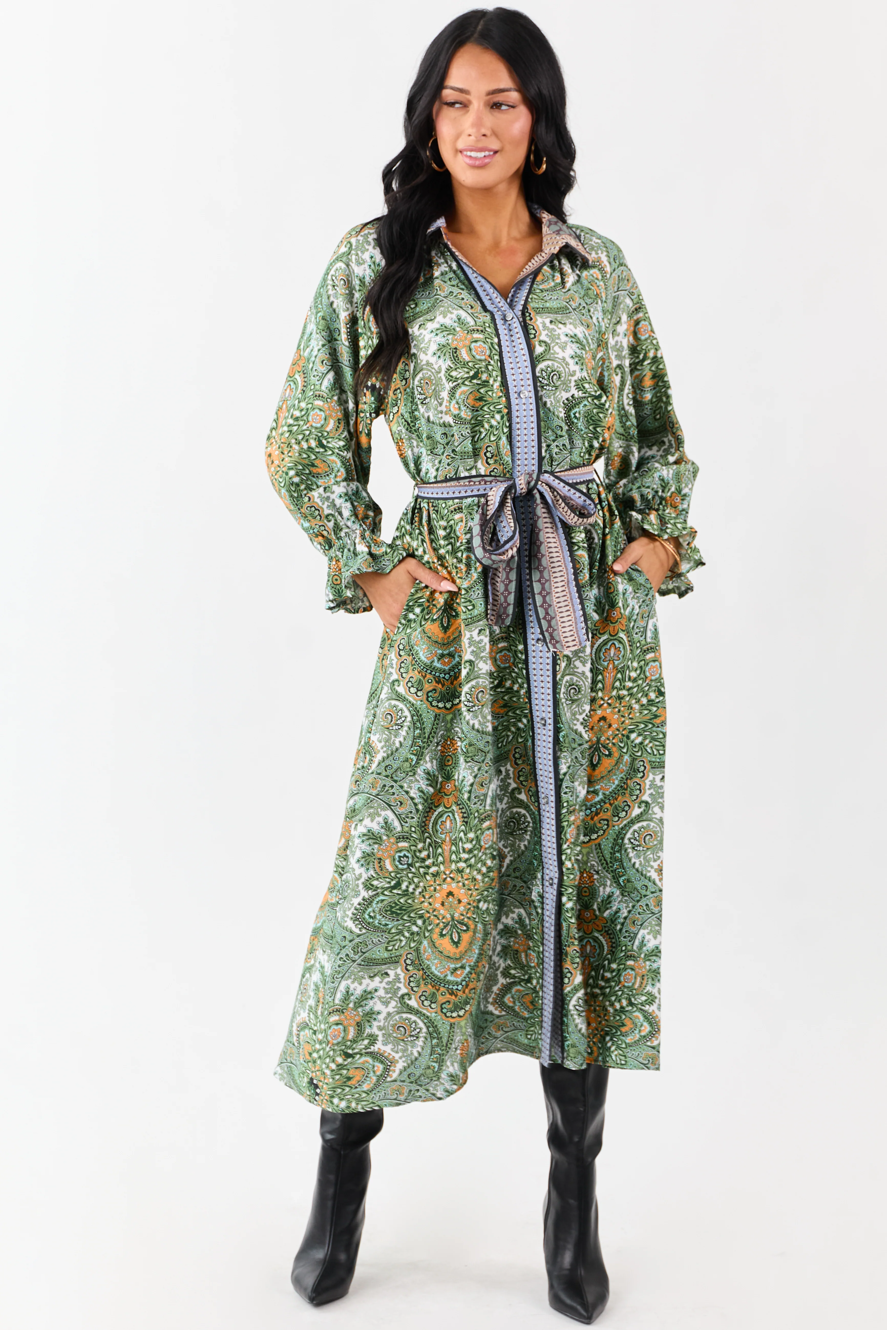 Hunter Green Boho Paisley Button Down Midi Dress - Image 3