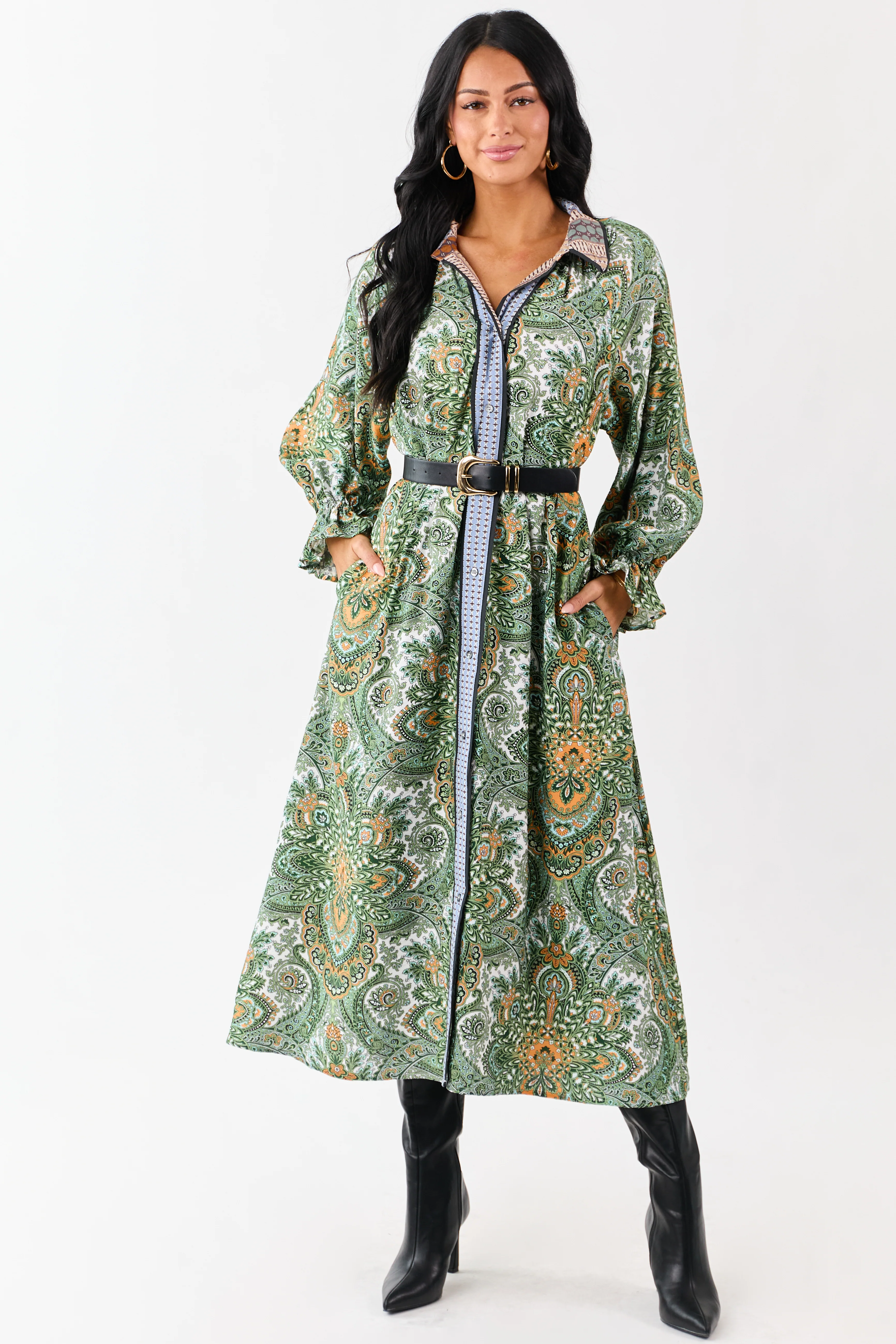 Hunter Green Boho Paisley Button Down Midi Dress - Image 4