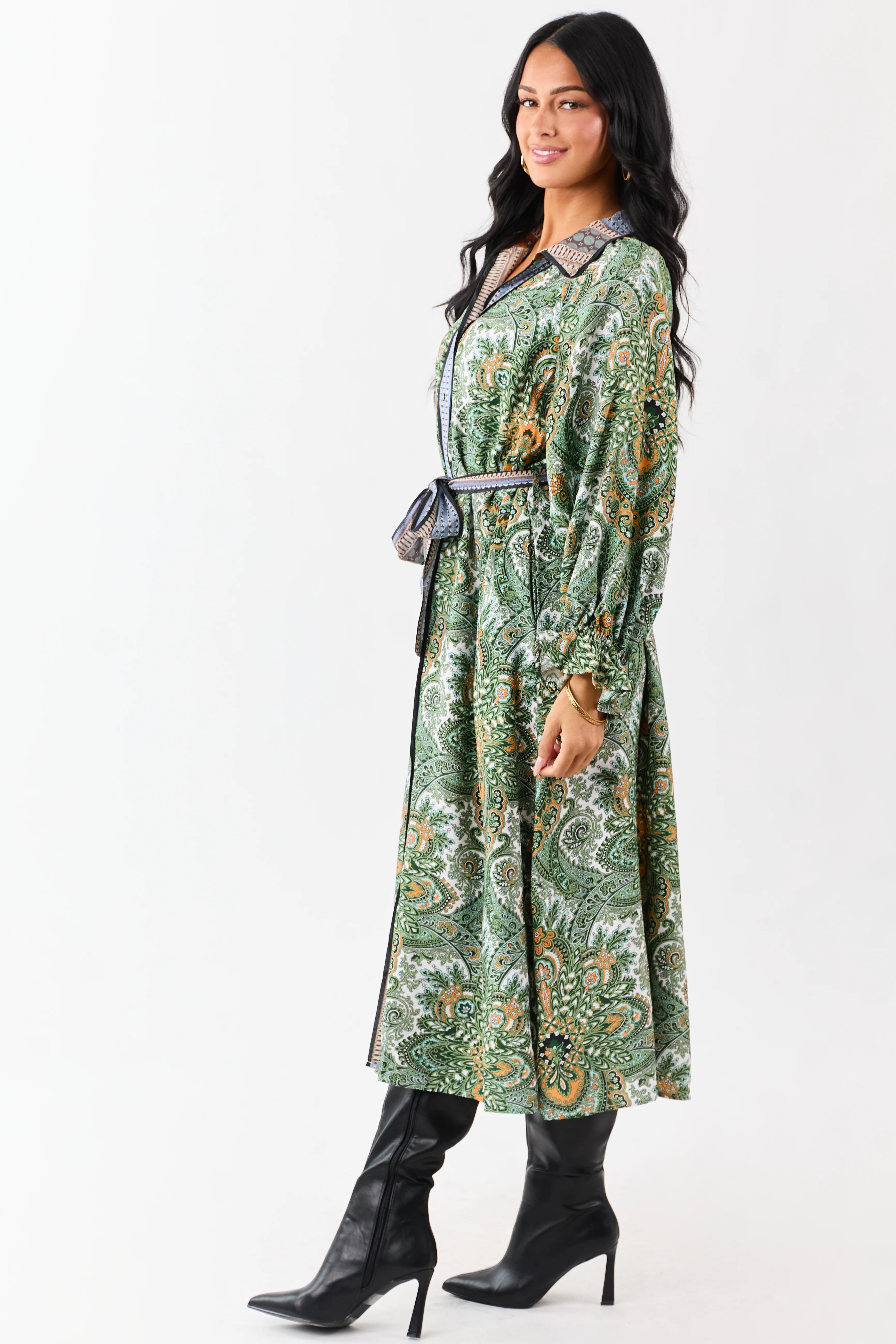 Hunter Green Boho Paisley Button Down Midi Dress - Image 5