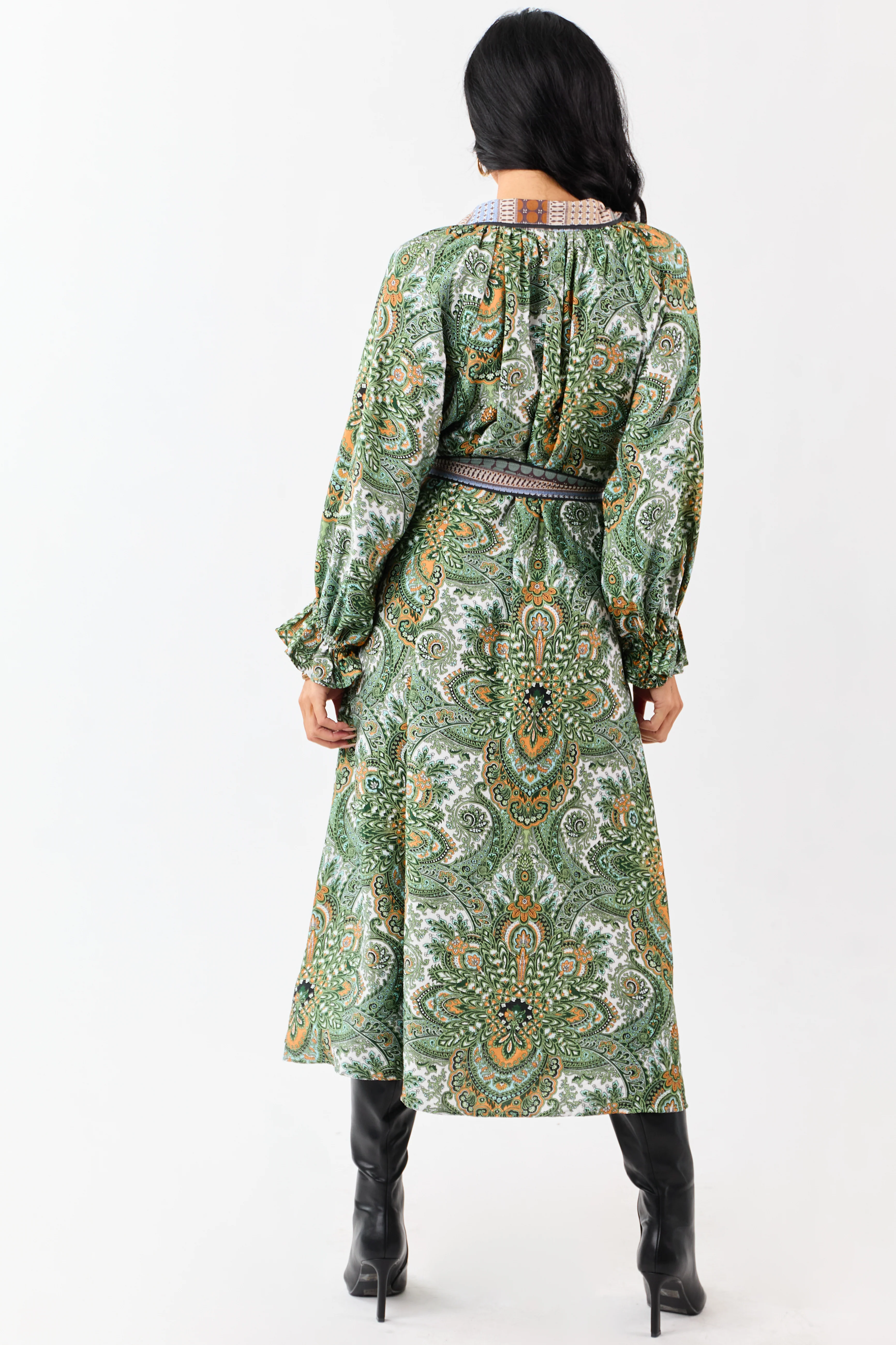 Hunter Green Boho Paisley Button Down Midi Dress - Image 6