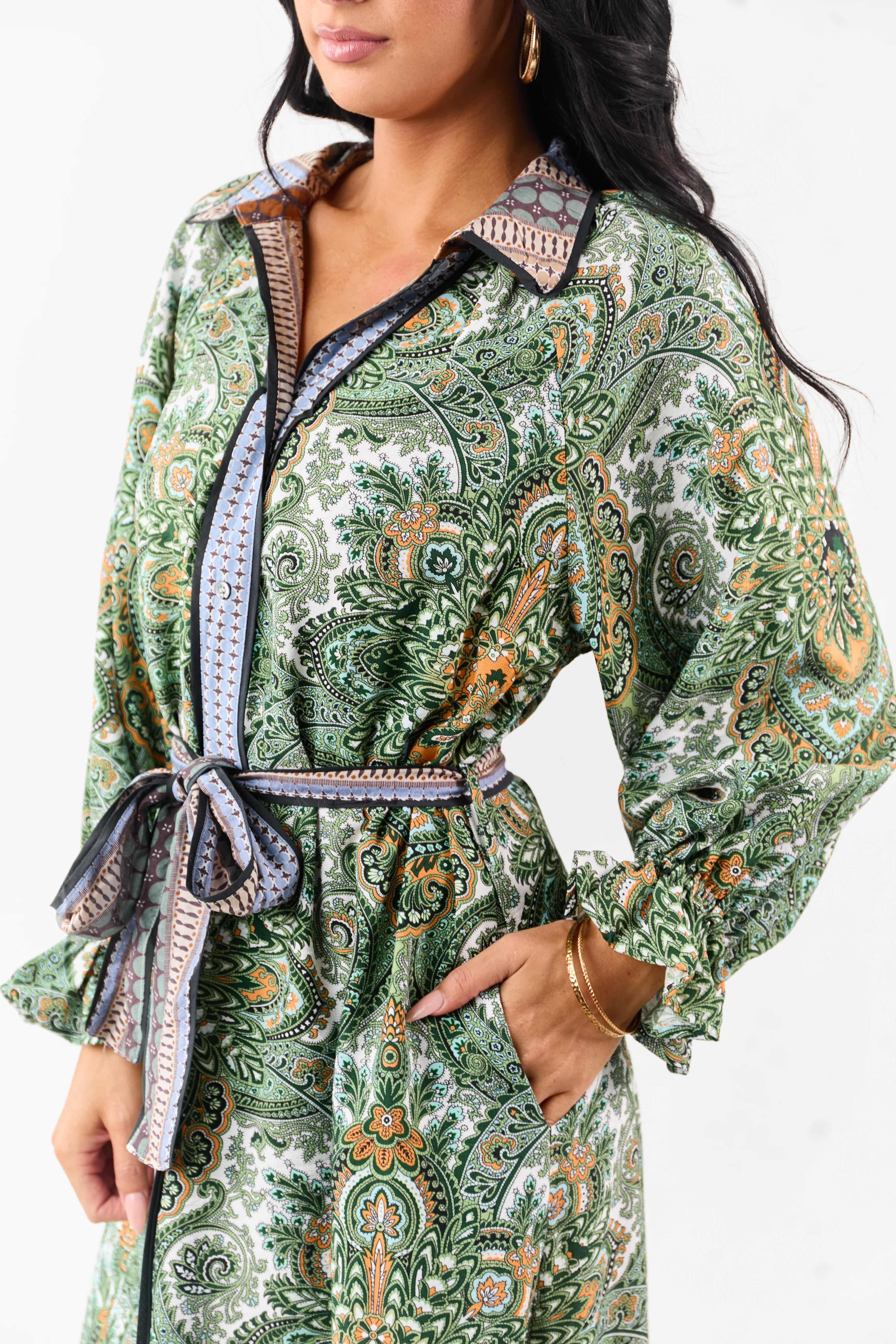 Hunter Green Boho Paisley Button Down Midi Dress - Image 7