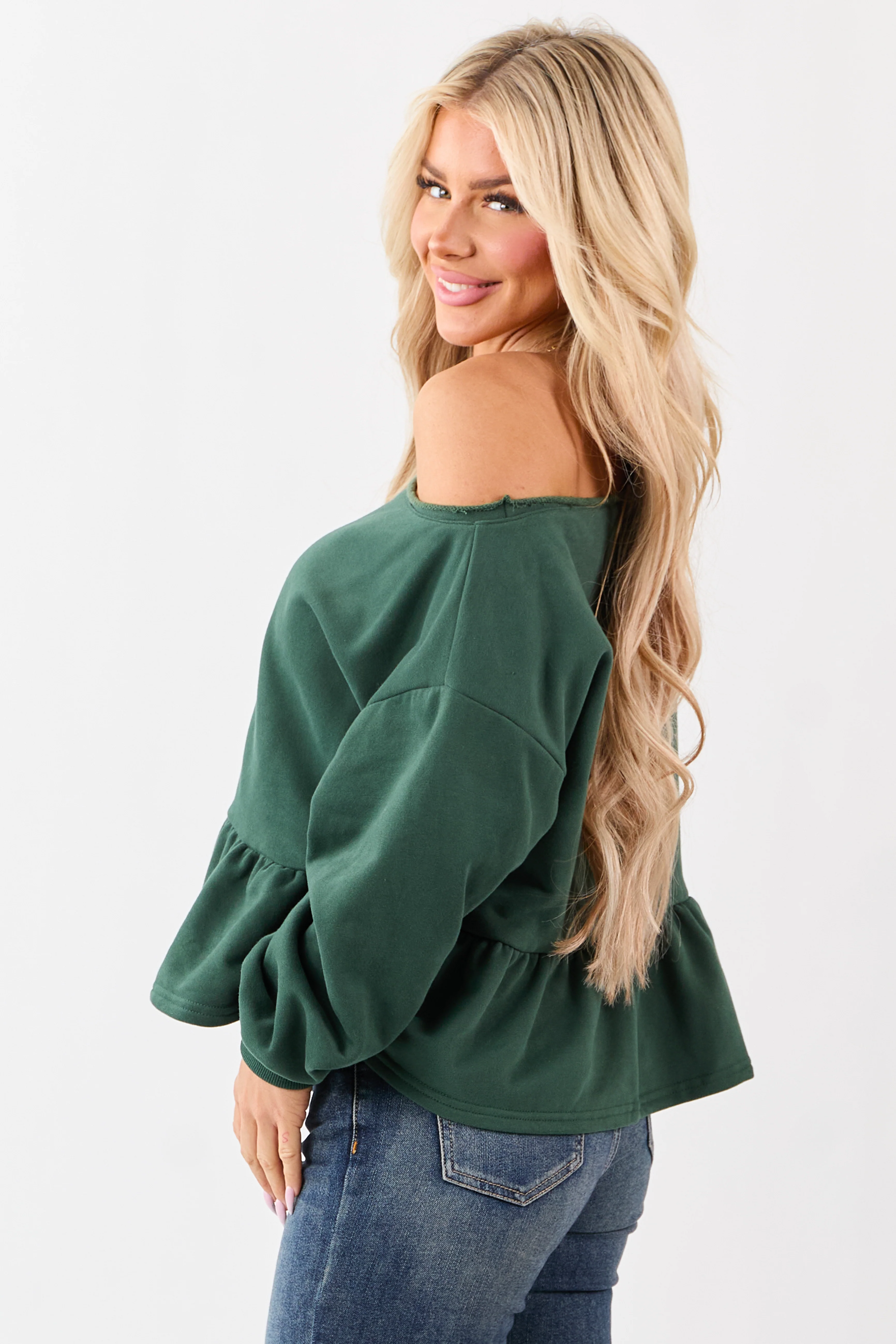 Hunter Green One Shoulder Peplum Relaxed Sweatshirt Top - Image 4