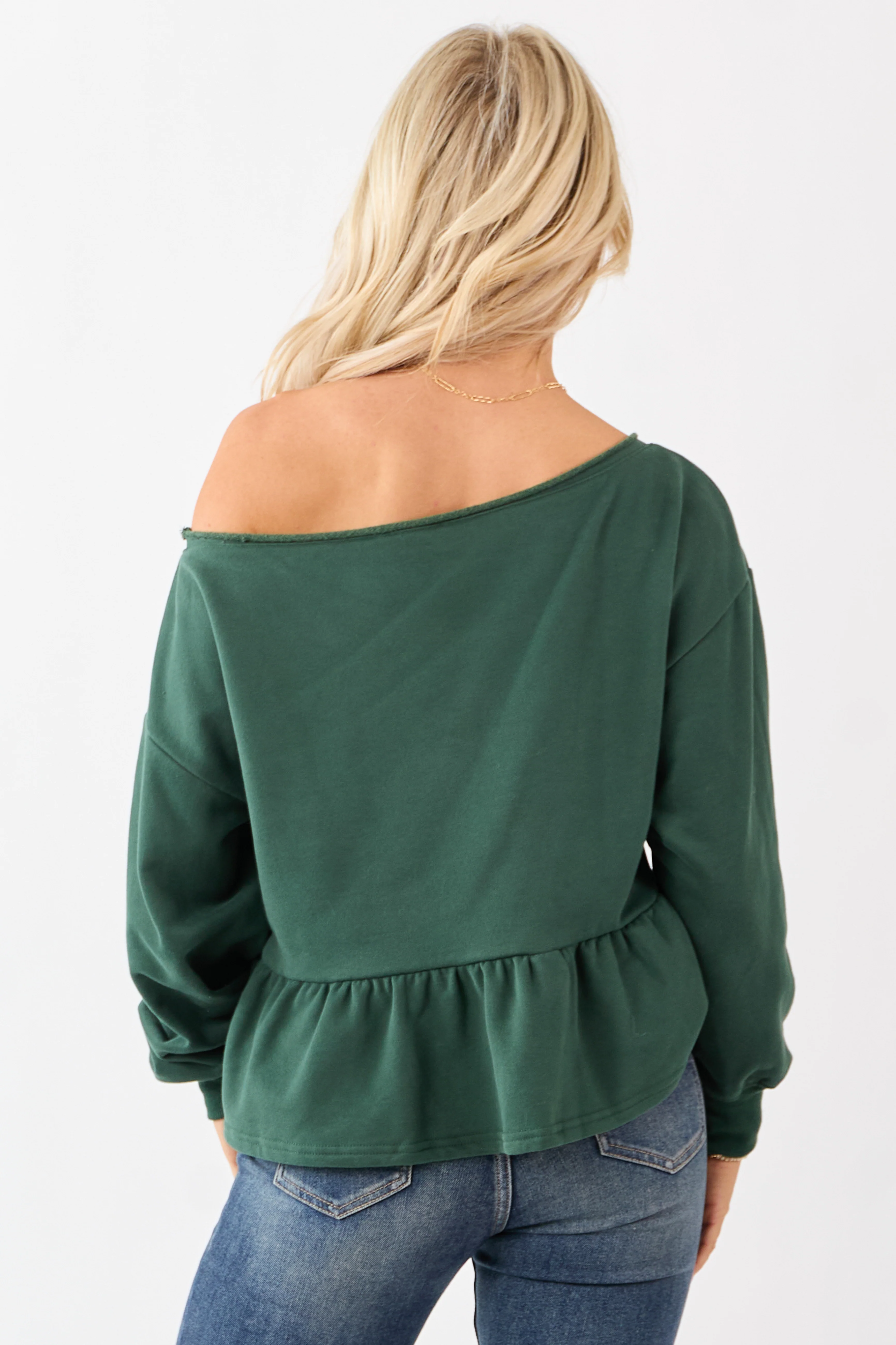 Hunter Green One Shoulder Peplum Relaxed Sweatshirt Top - Image 5