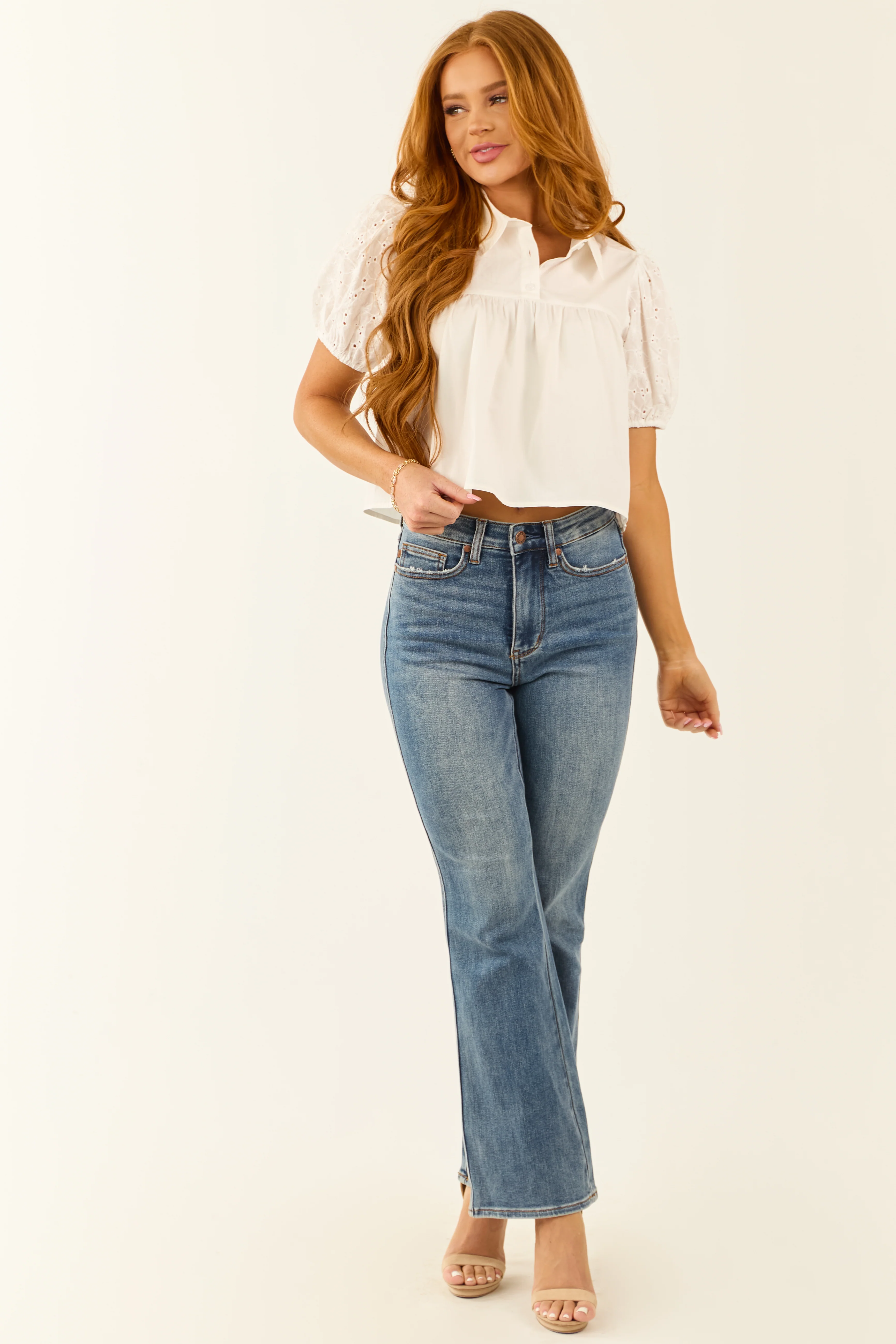 Ivory Collared Puff Eyelet Lace Sleeve Poplin Top - Image 2