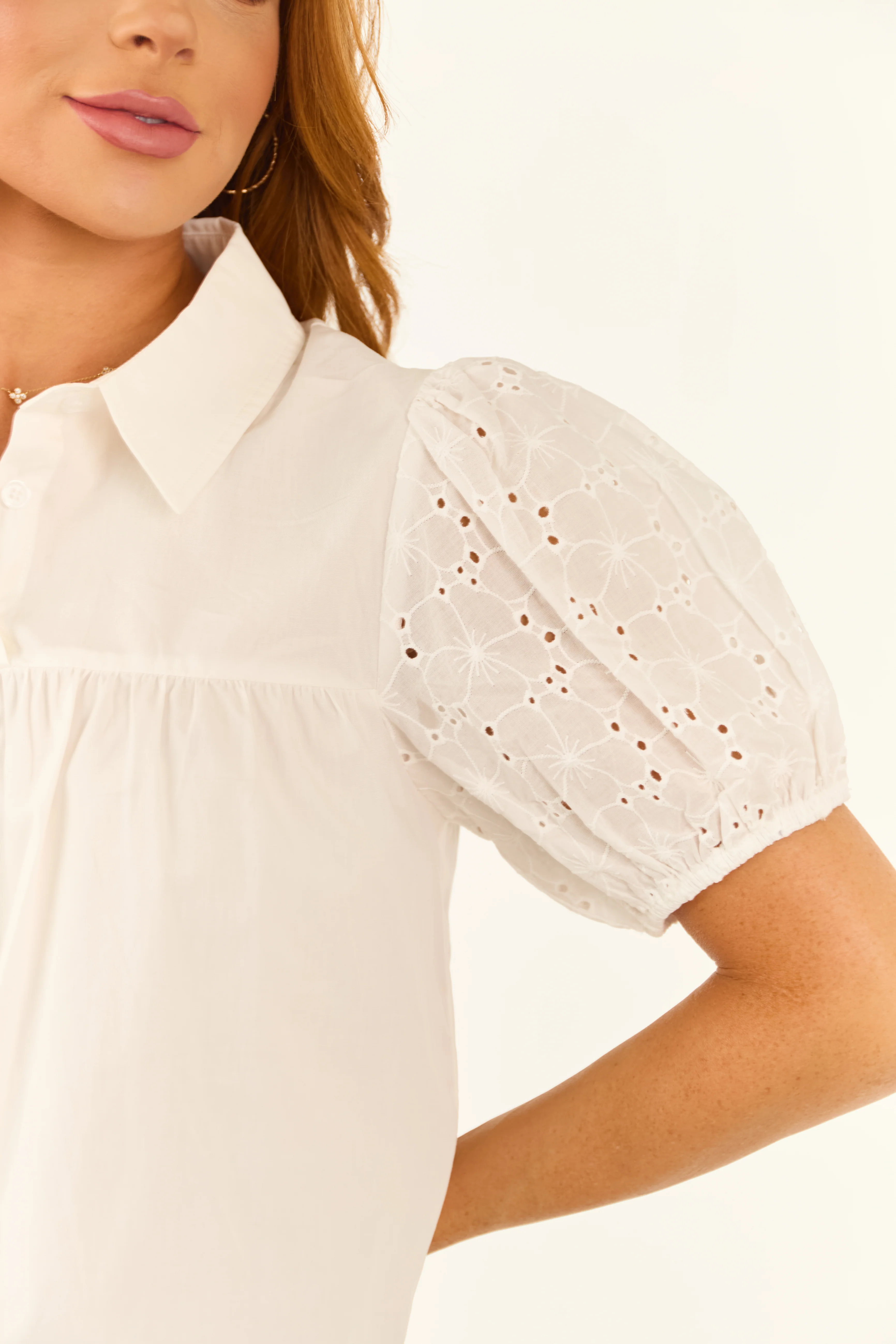 Ivory Collared Puff Eyelet Lace Sleeve Poplin Top - Image 7