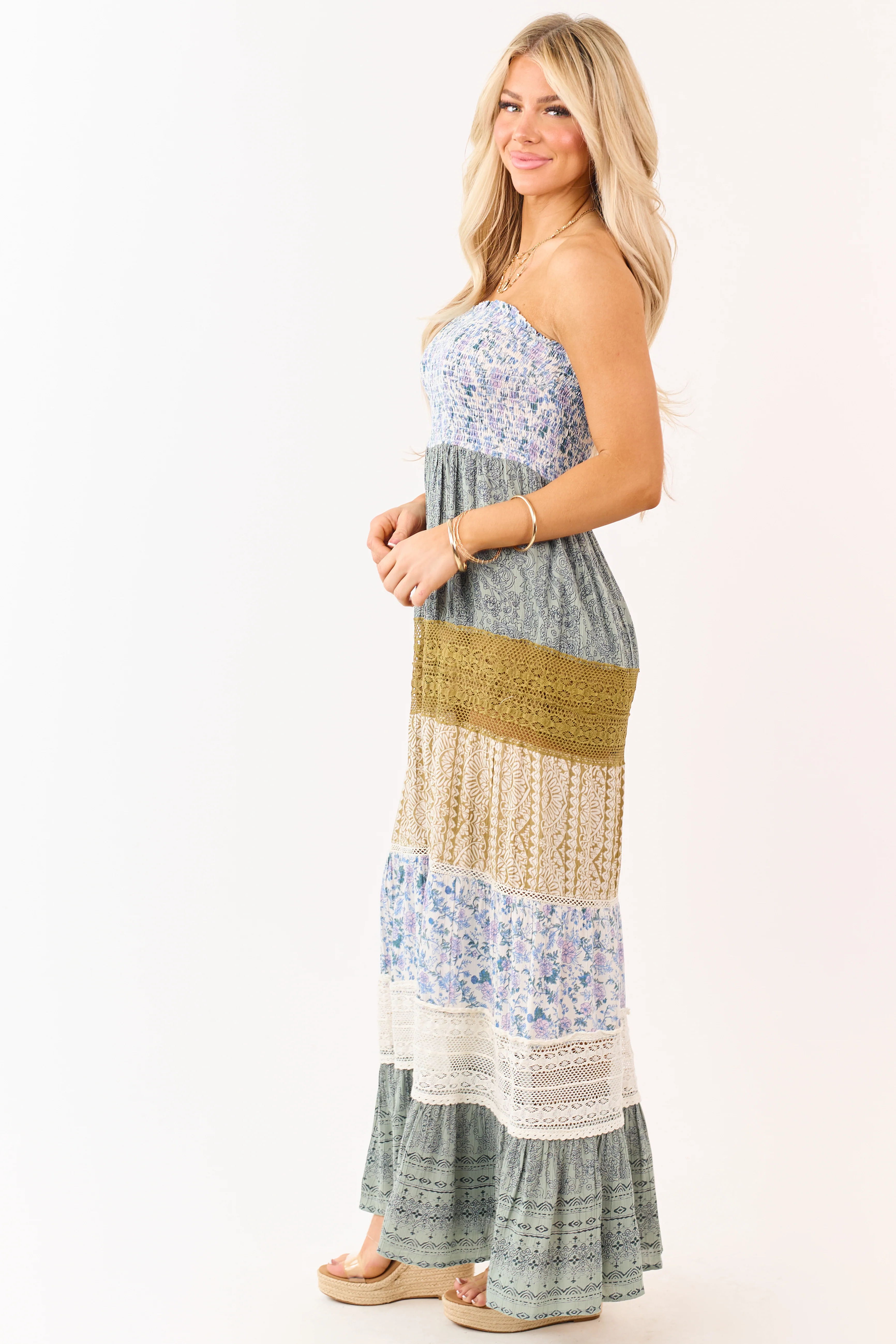 Ivory Colorblock Mixed Print Strapless Maxi Dress - Image 5