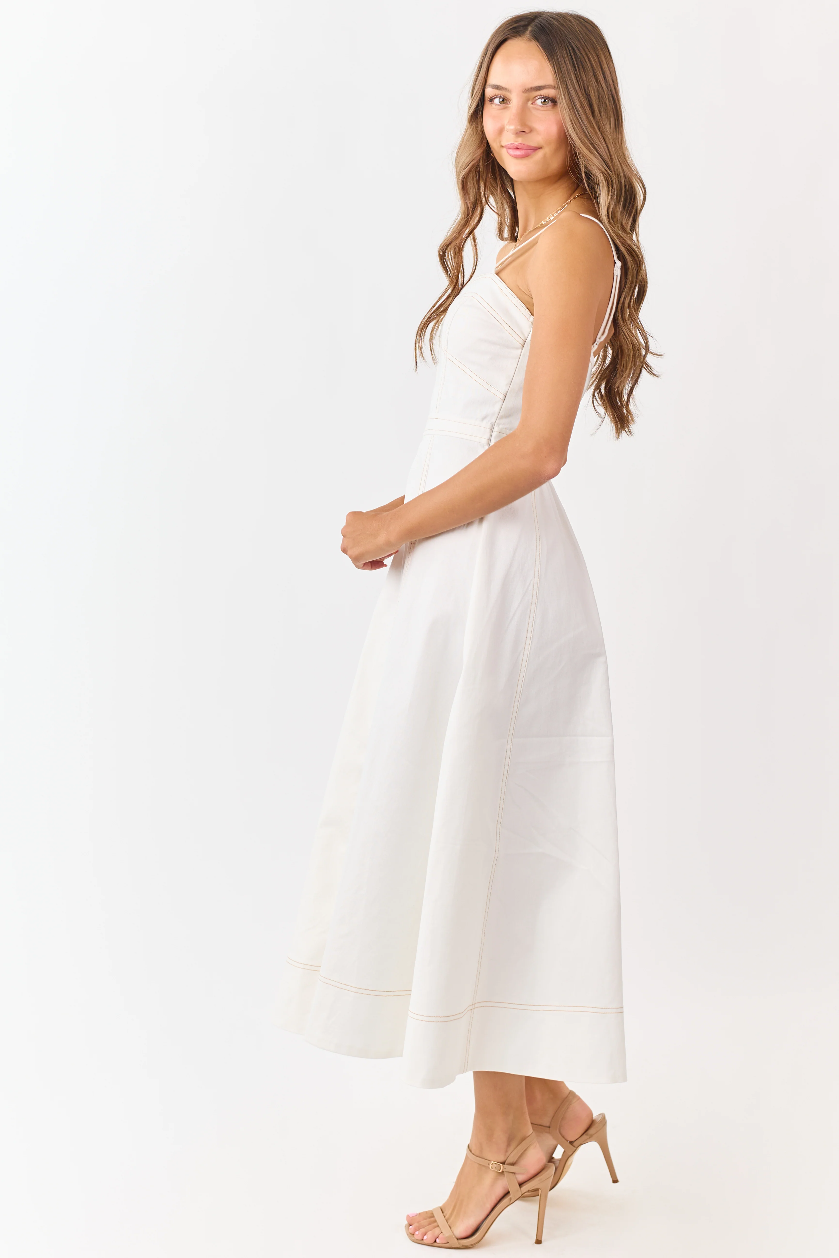 Ivory Contrast Stitch Denim A-Line Midi Dress - Image 5
