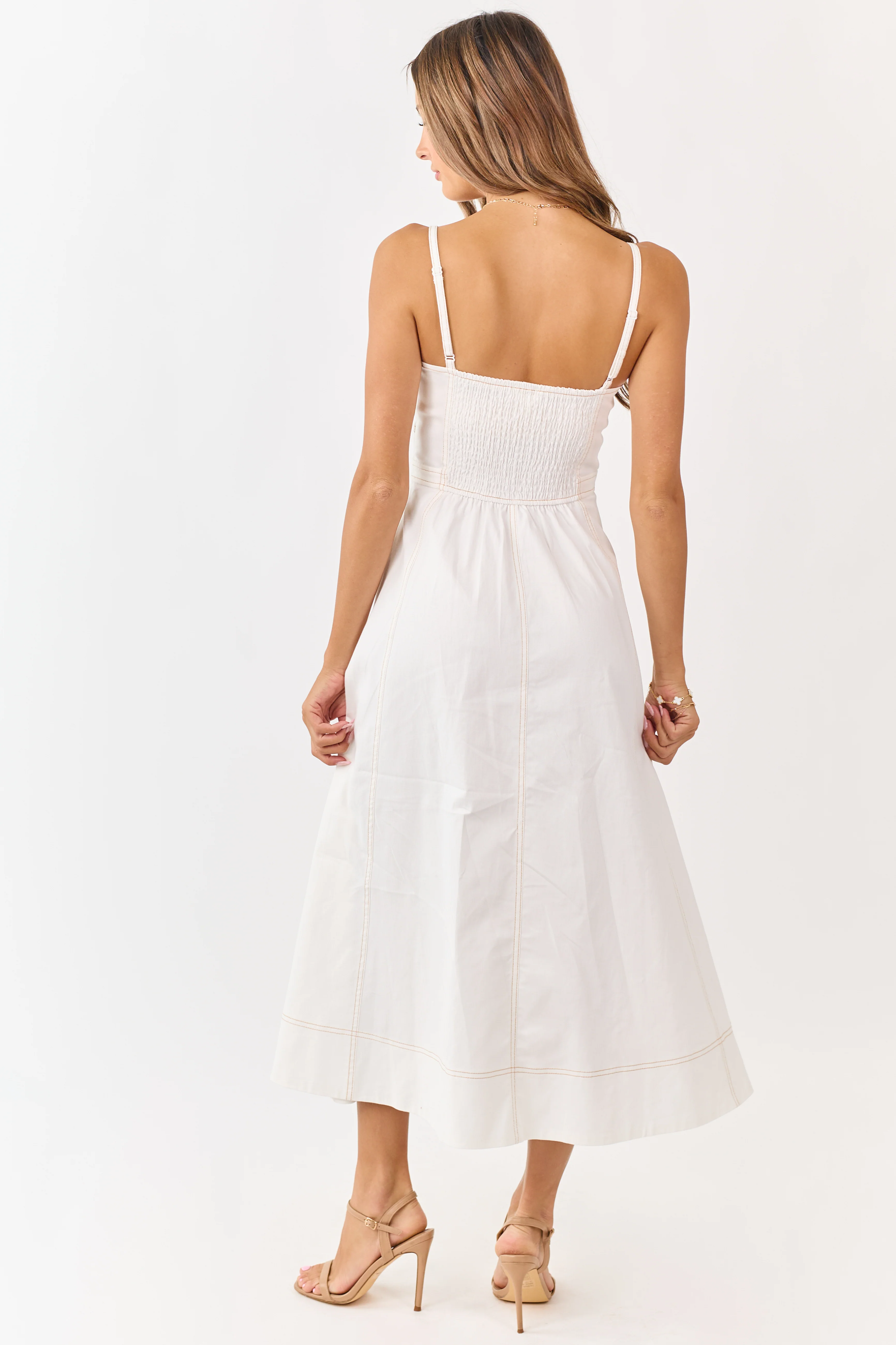 Ivory Contrast Stitch Denim A-Line Midi Dress - Image 6