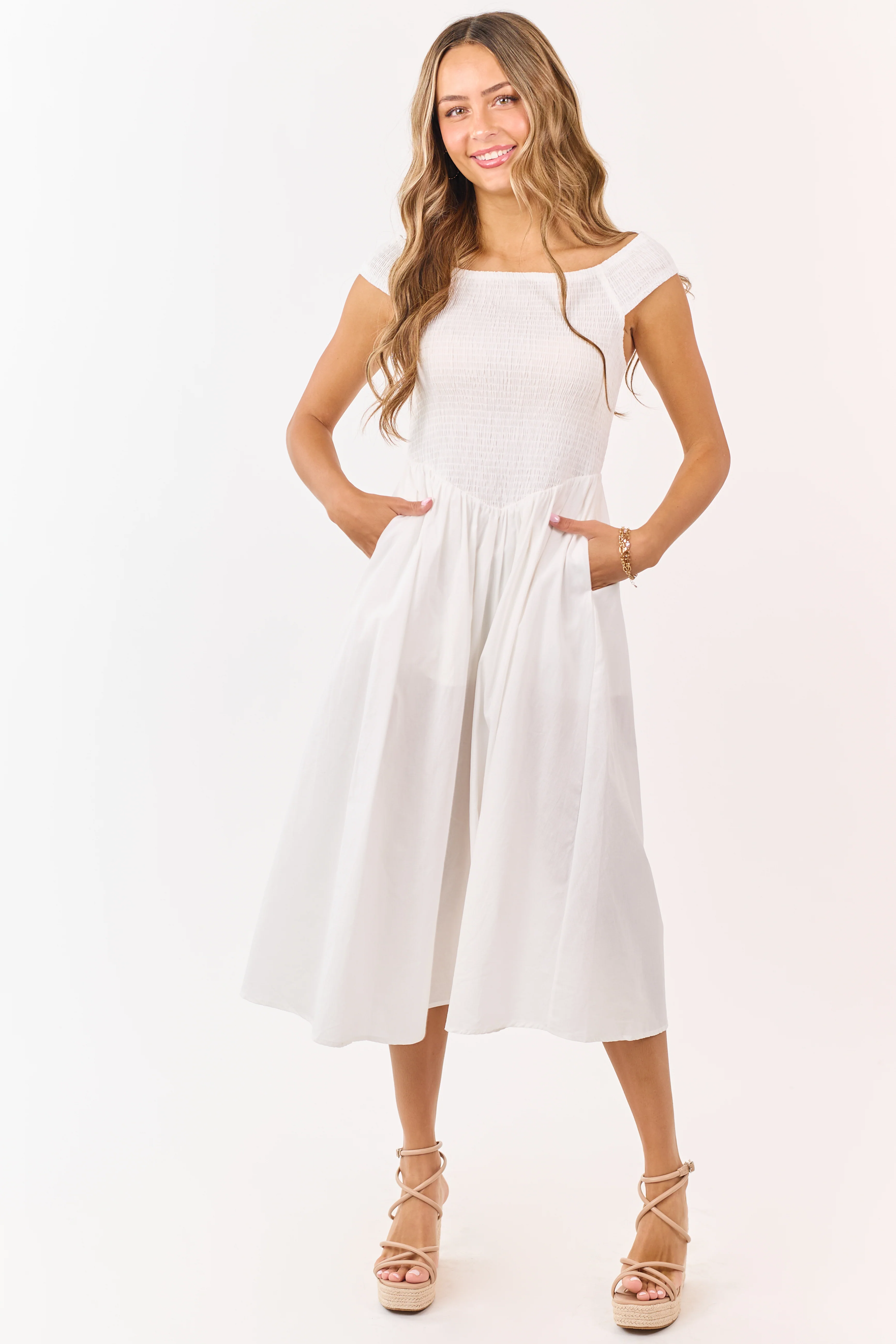 Ivory Cotton Smocked Off Shoulder Midi Dress - Image 2