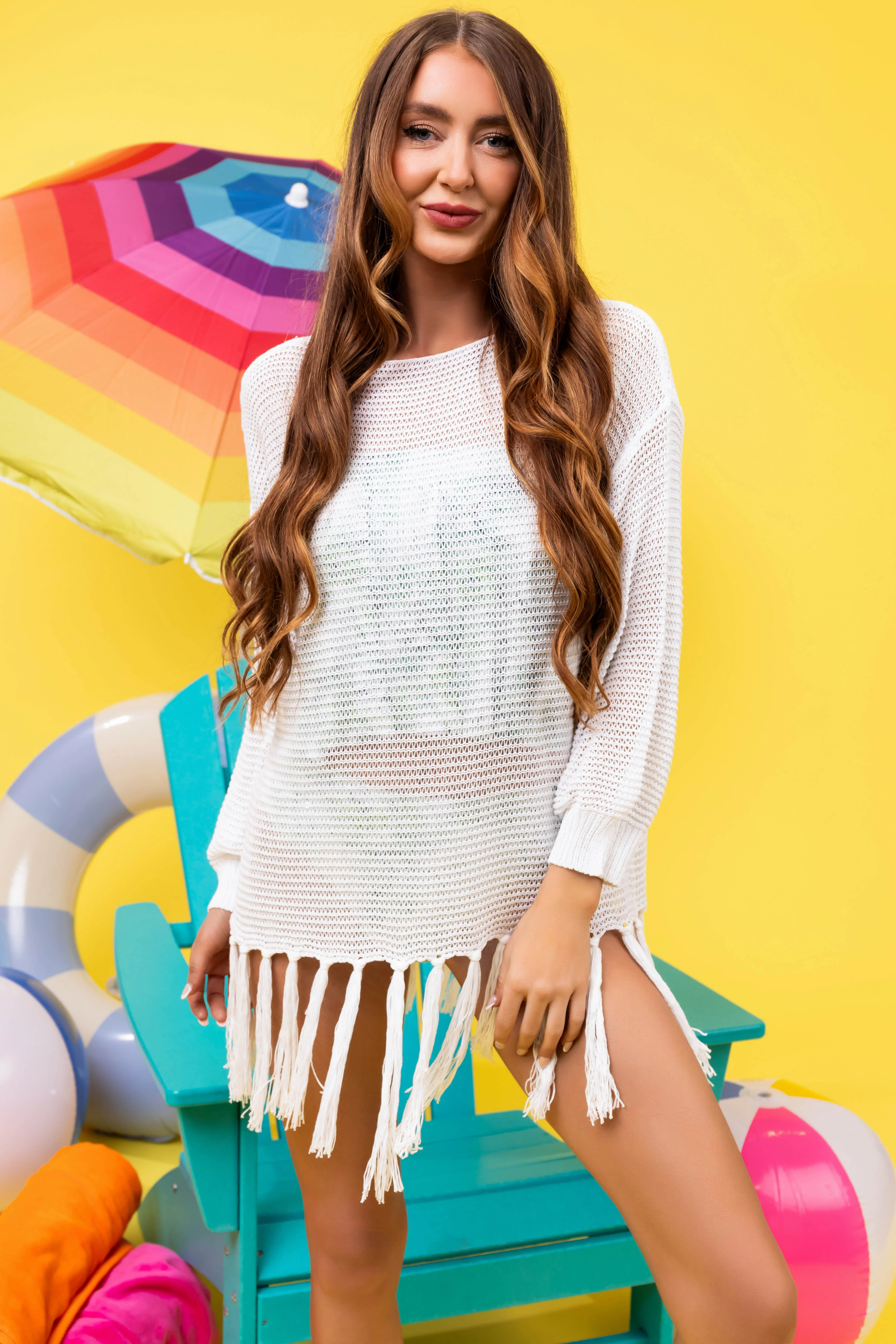 Ivory Crochet Fringe Swim Cover Up - Image 3