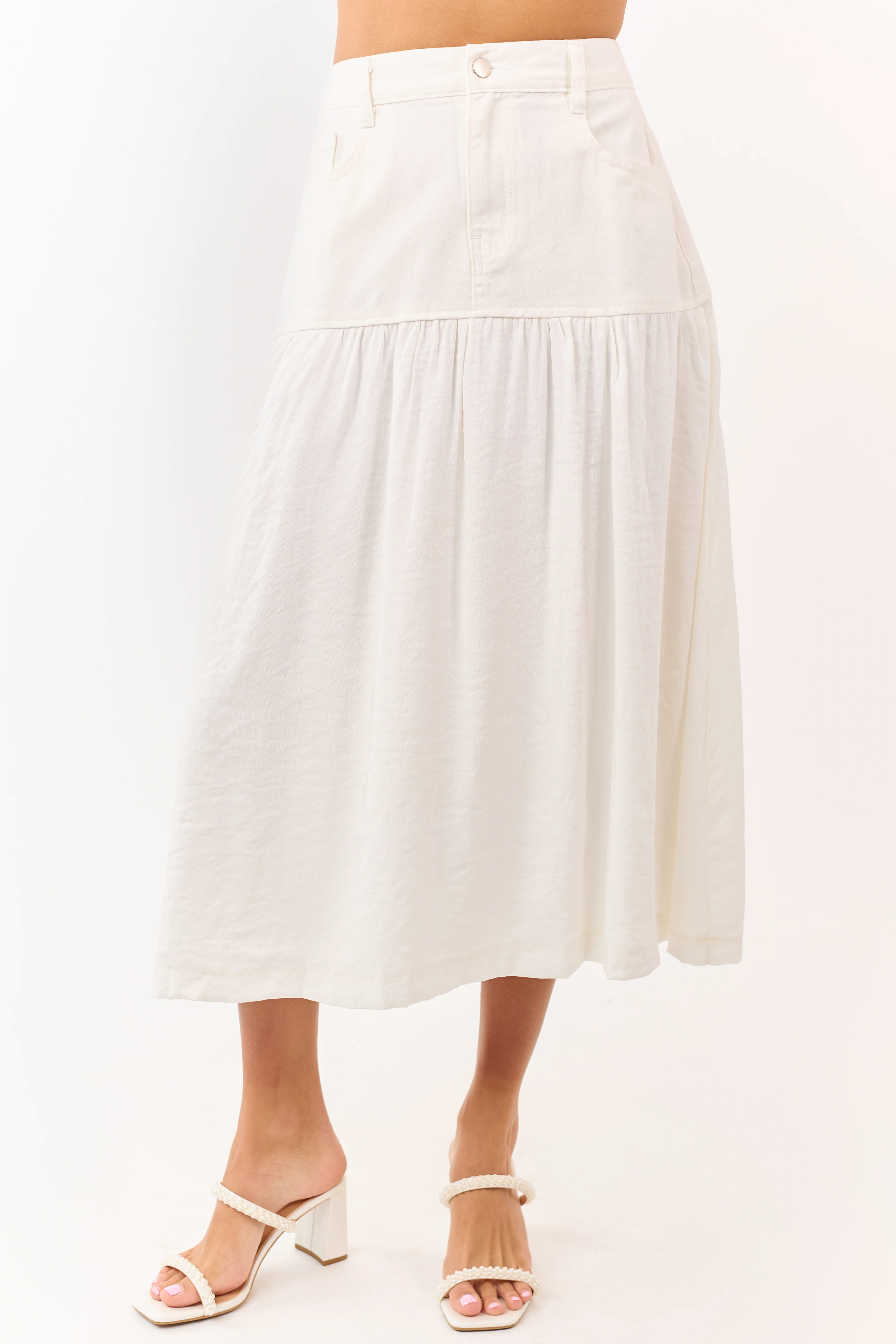 Ivory Denim Contrast Fabric Midi Skirt - Image 3