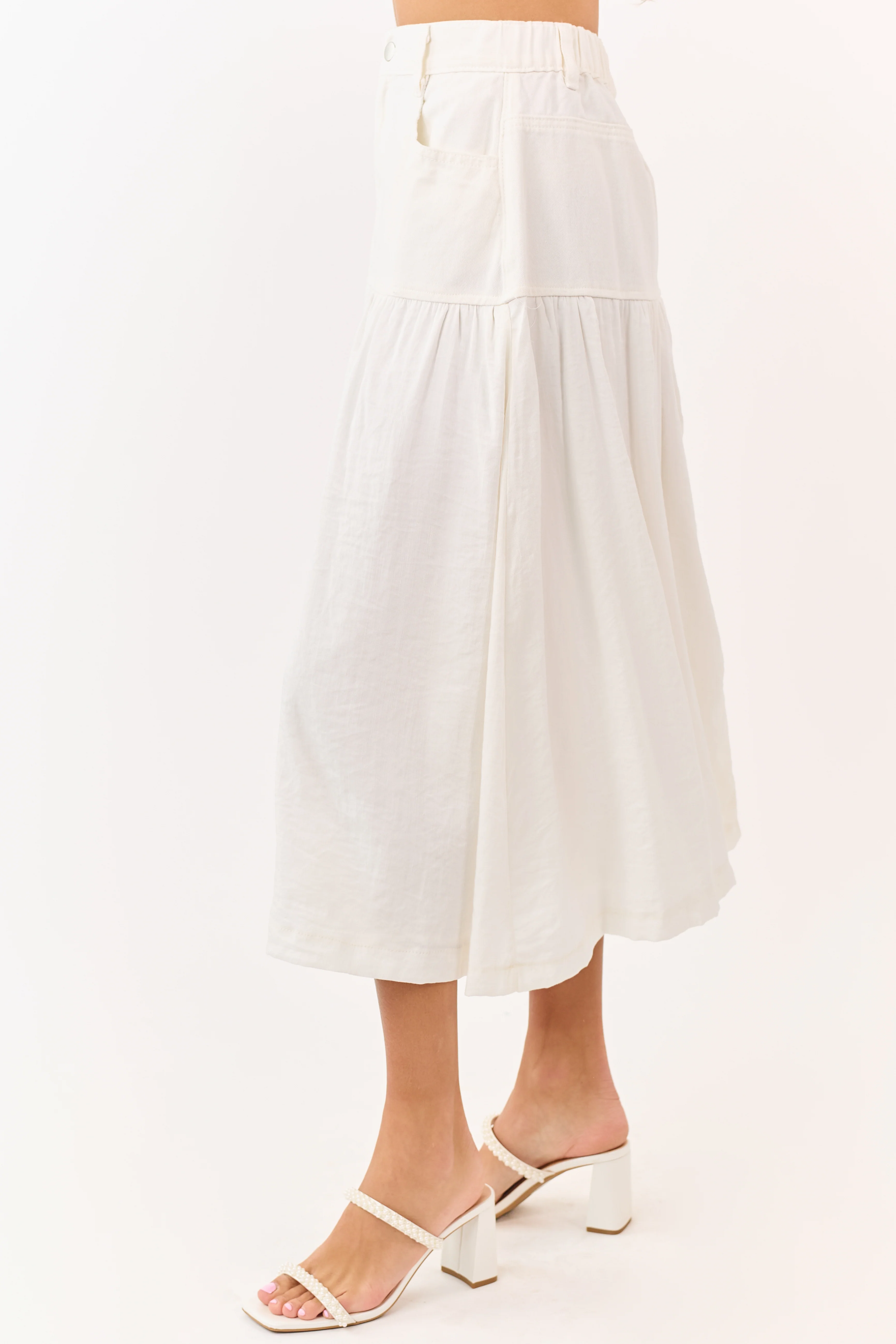 Ivory Denim Contrast Fabric Midi Skirt - Image 4