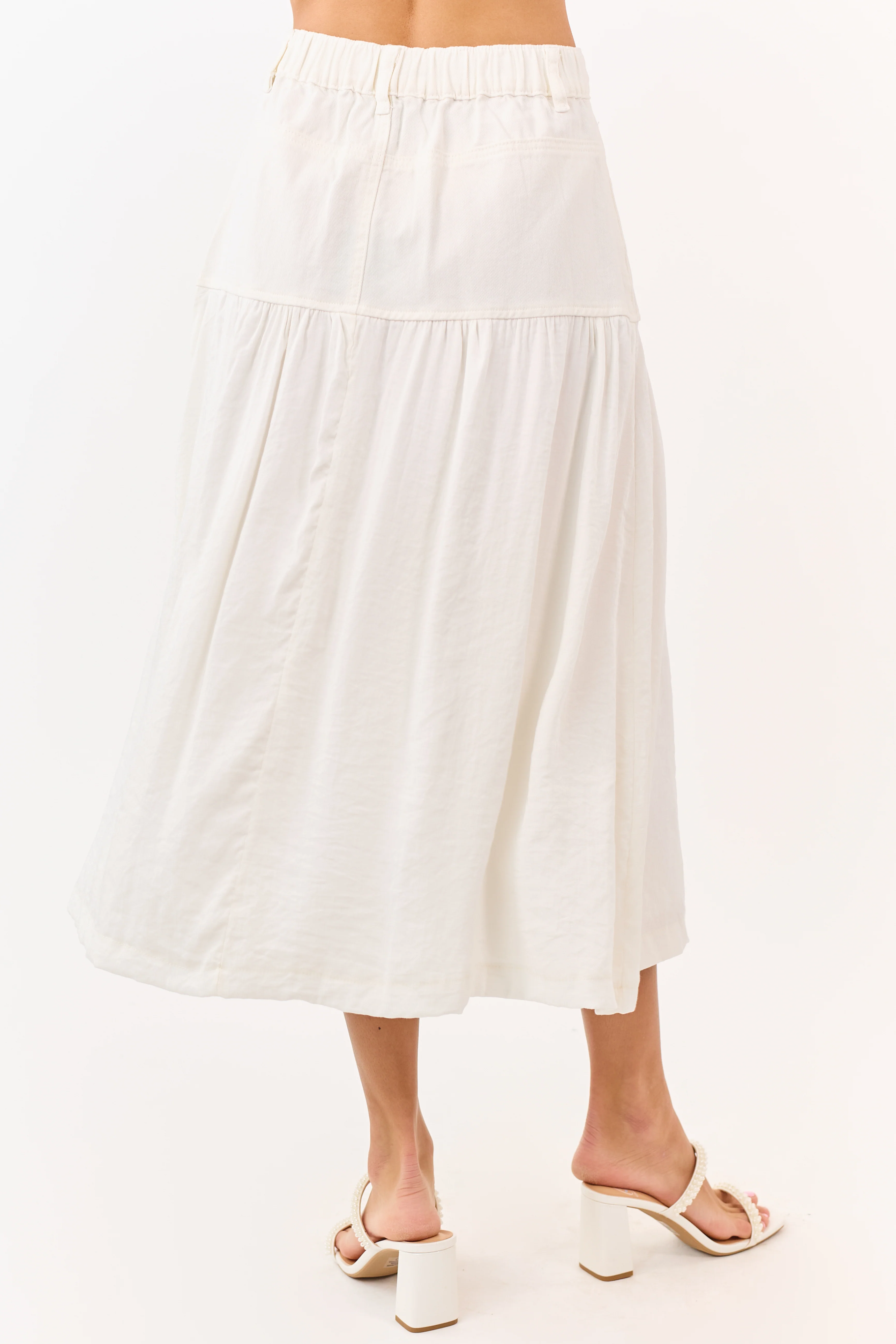 Ivory Denim Contrast Fabric Midi Skirt - Image 5