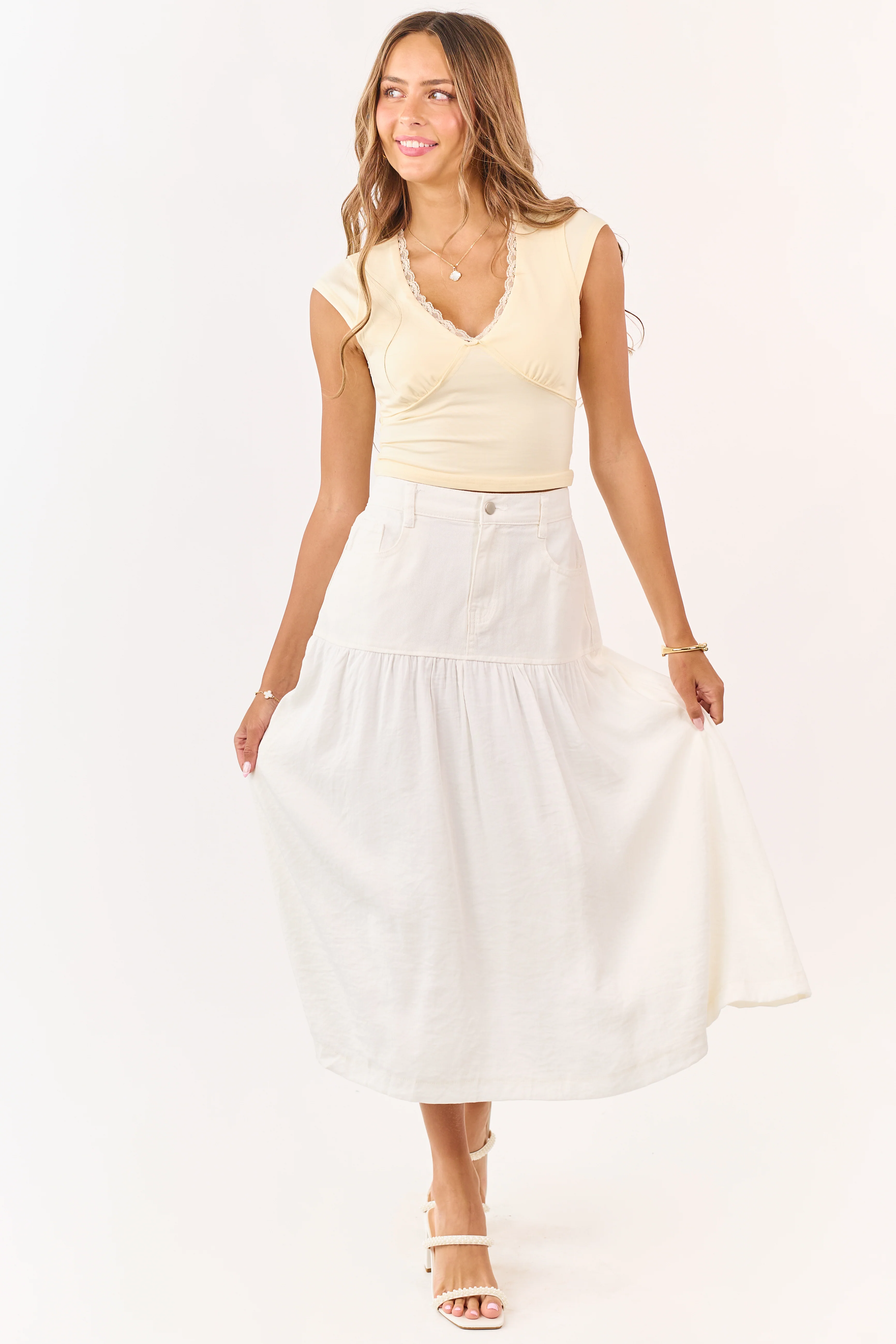 Ivory Denim Contrast Fabric Midi Skirt - Image 6