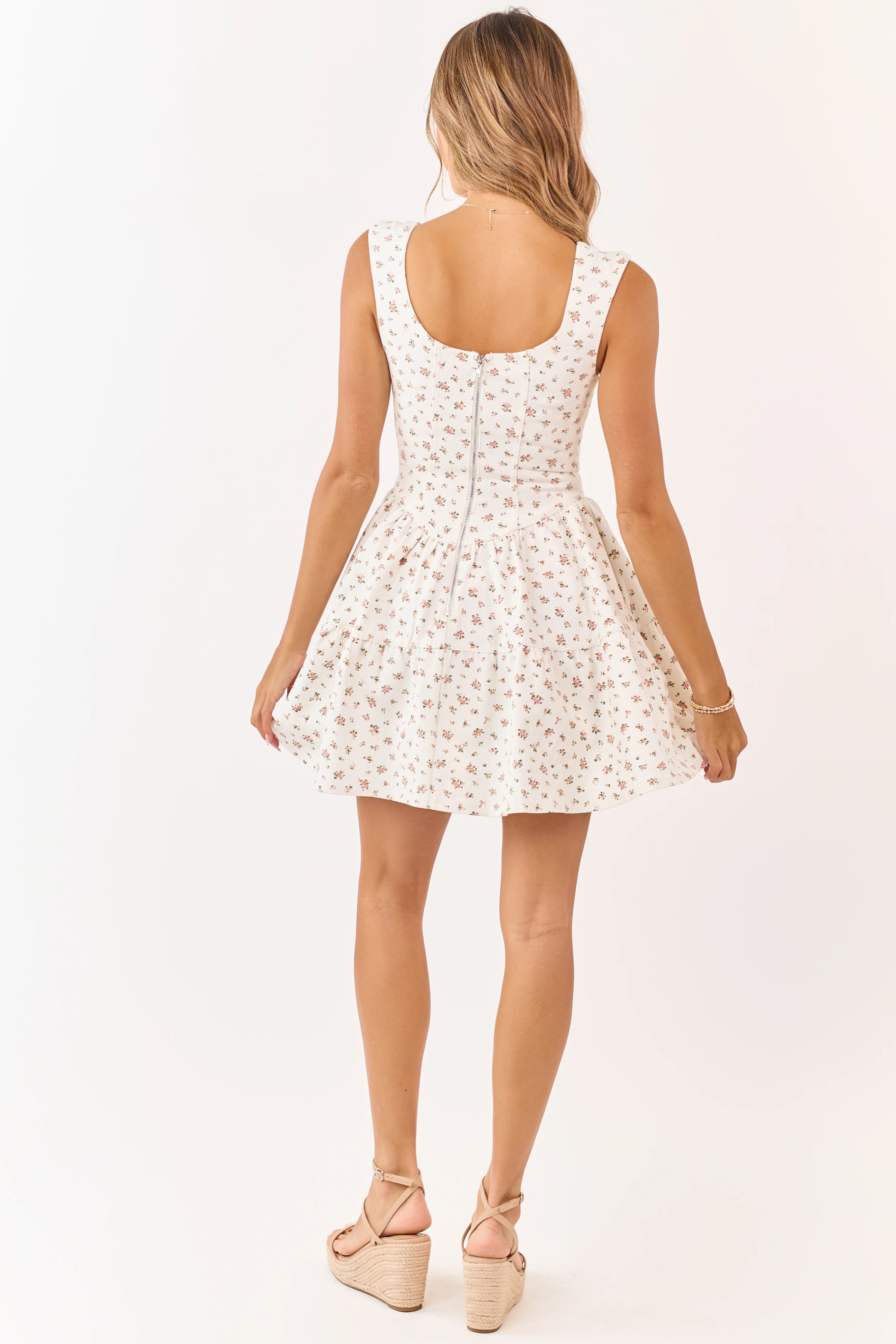 Ivory Ditsy Floral Sleeveless Denim Mini Dress - Image 5