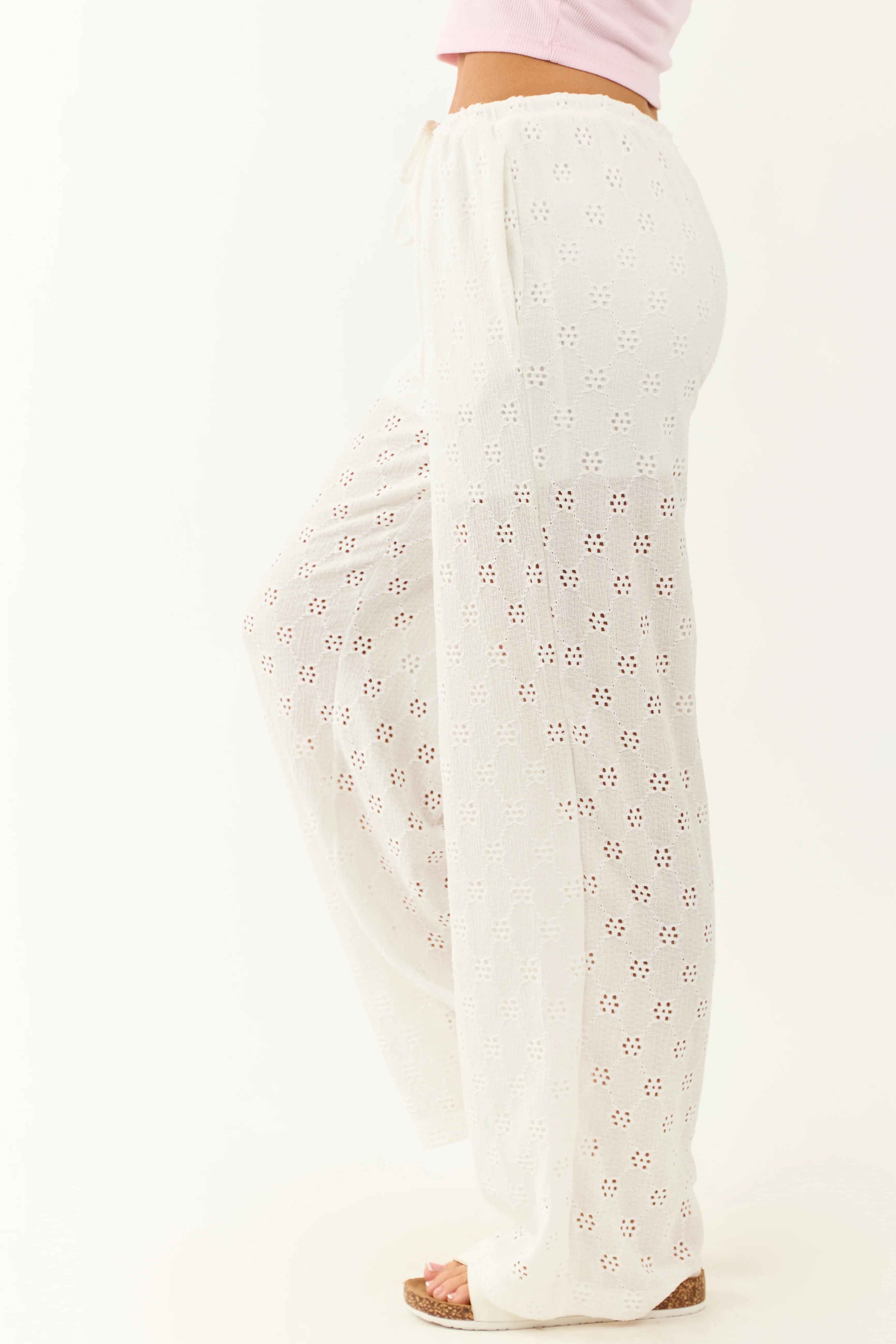 Ivory Eyelet Lace Drawstring High Rise Knit Pants - Image 3