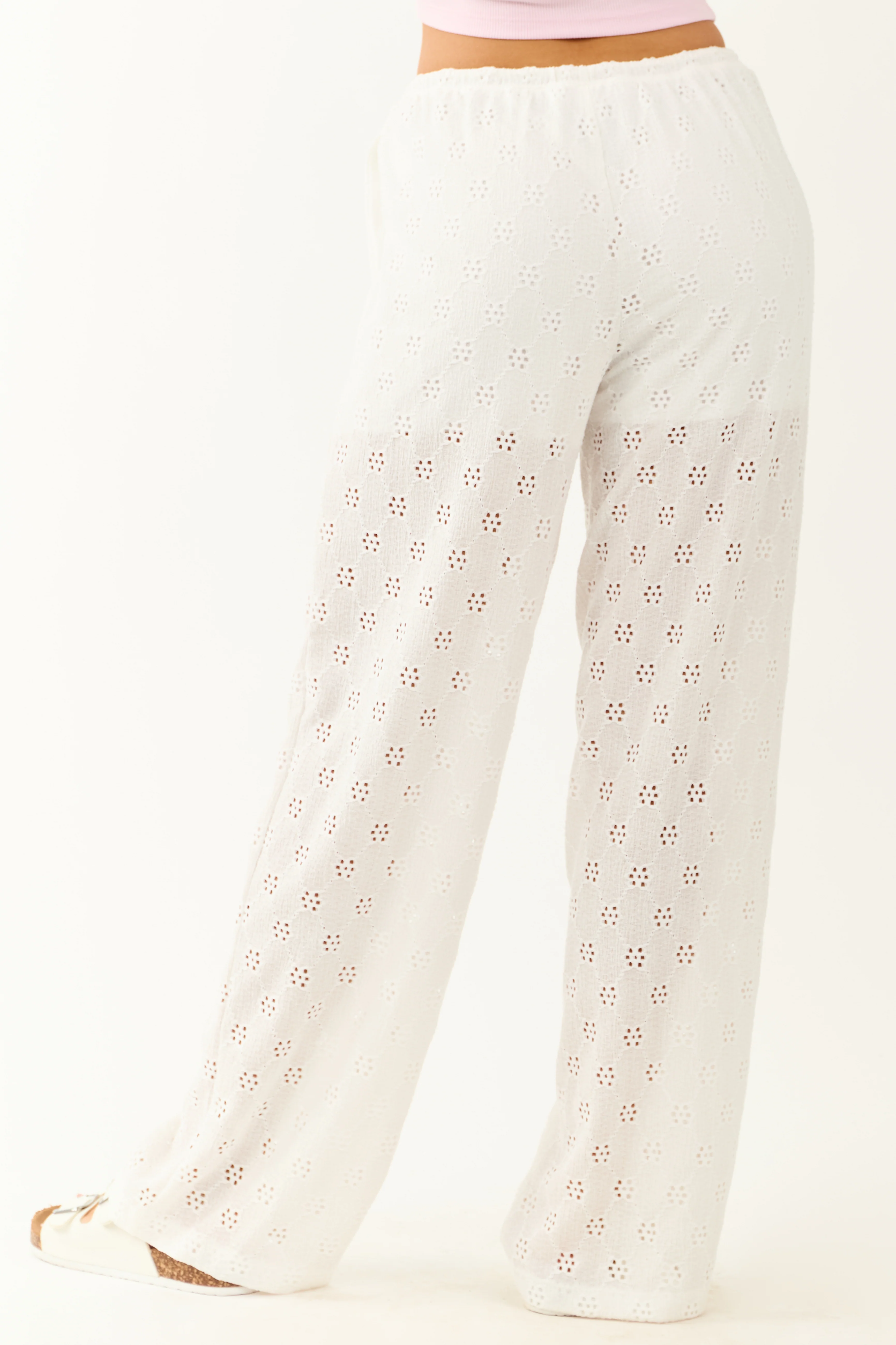 Ivory Eyelet Lace Drawstring High Rise Knit Pants - Image 4