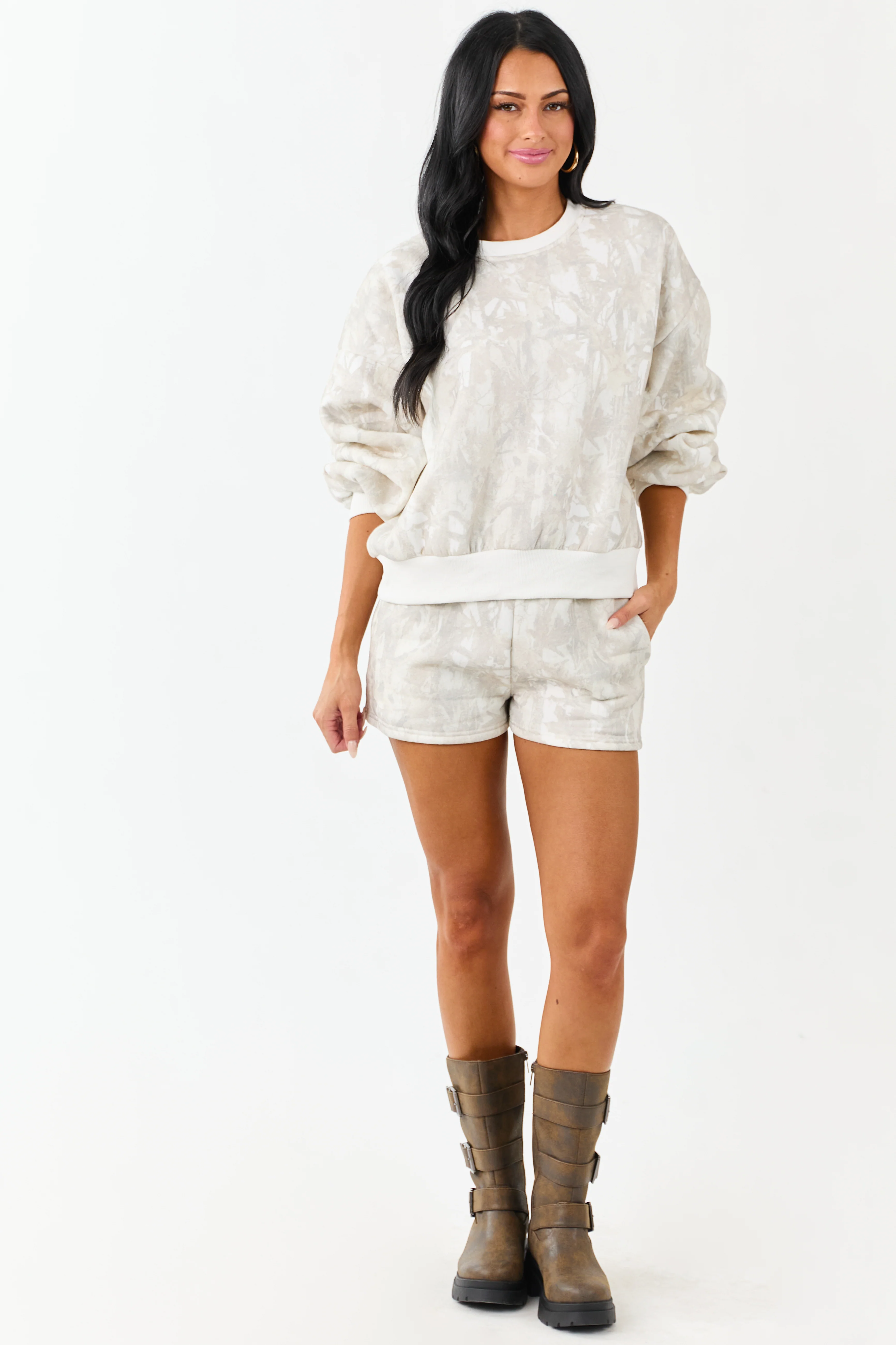 Ivory Faded Camo Print Sweatshirt and Shorts Set - Image 4