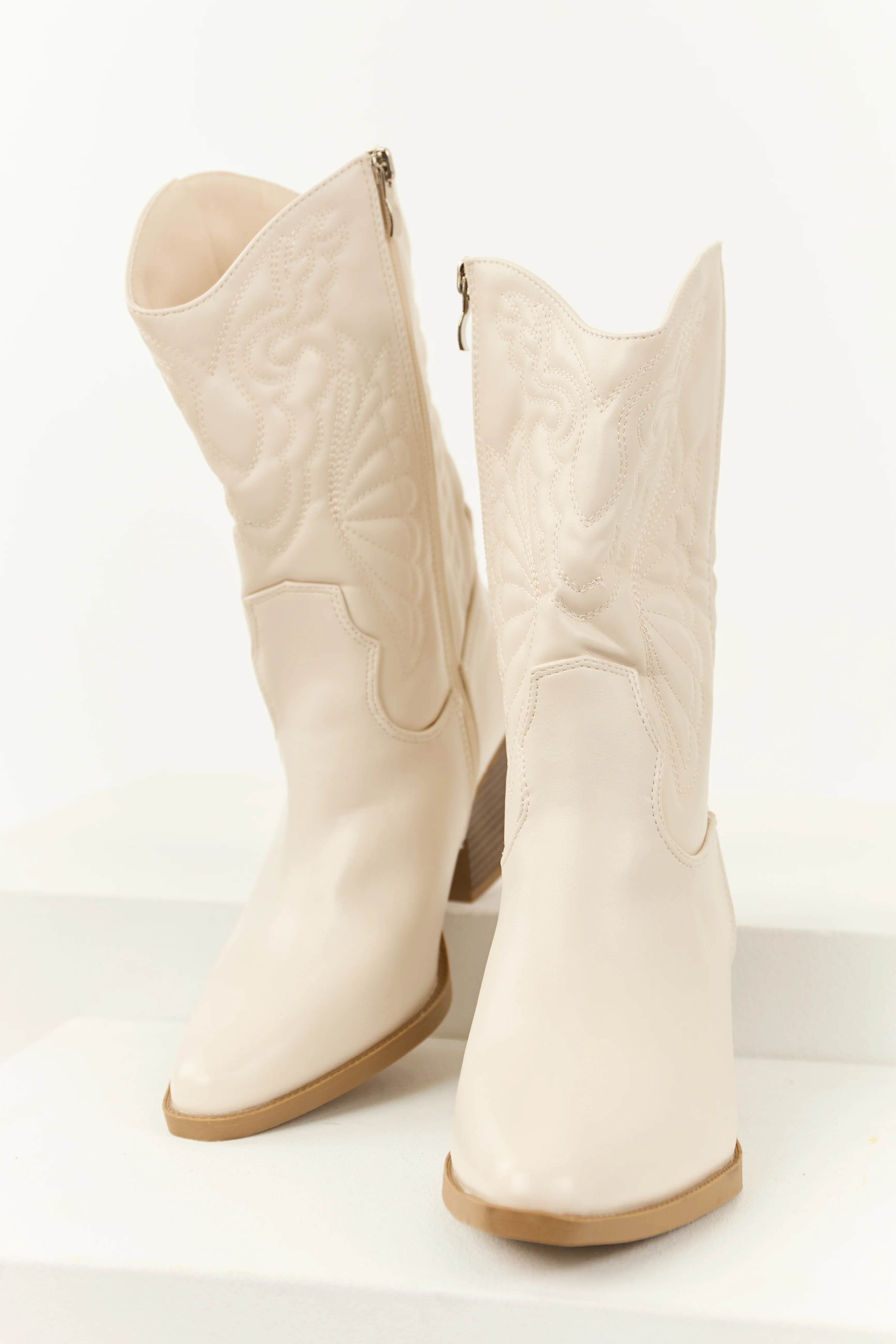 Ivory Faux Leather Block Heel Cowboy Boots - Image 2