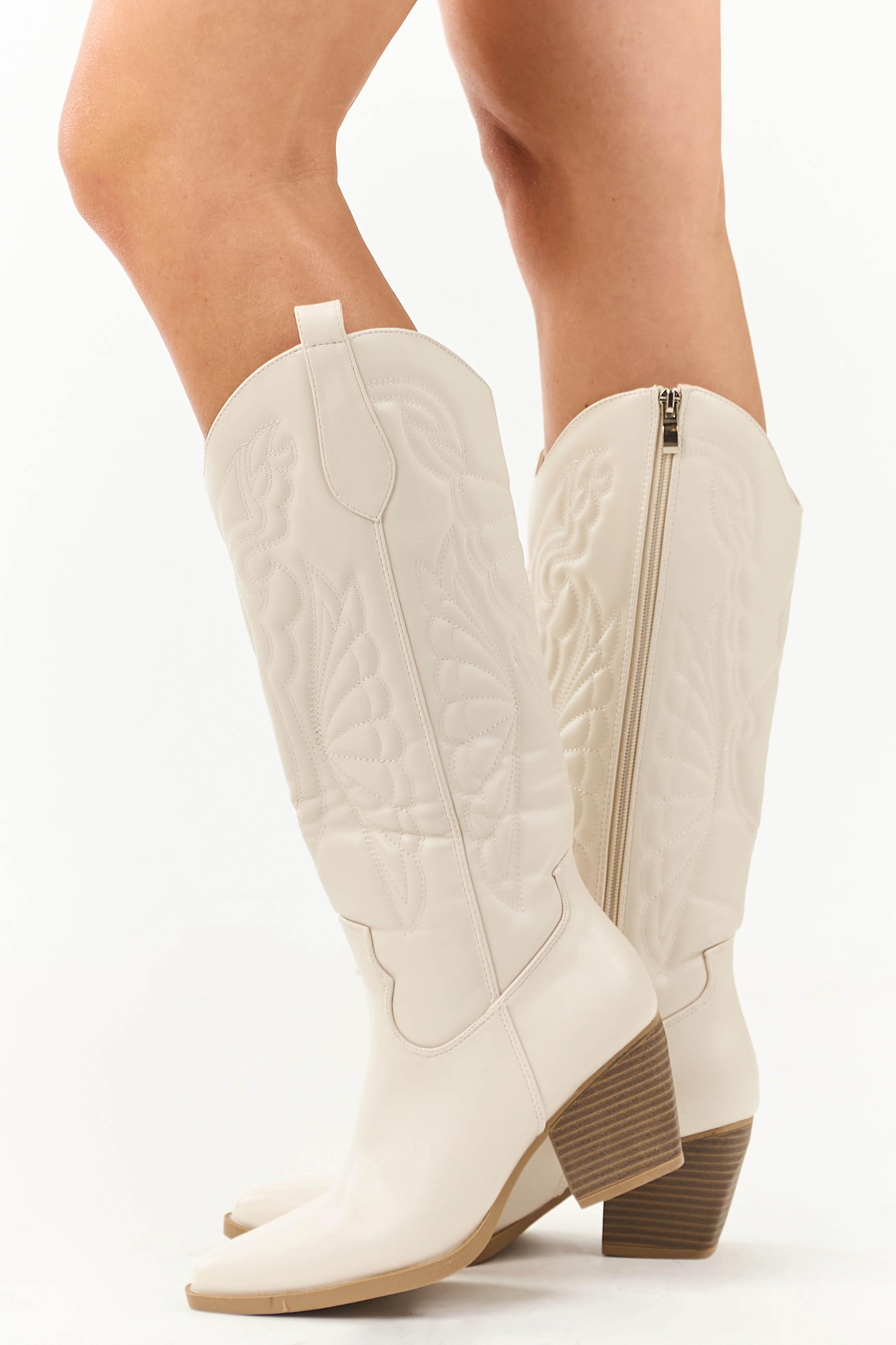 Ivory Faux Leather Tall Block Heel Cowboy Boots - Image 2