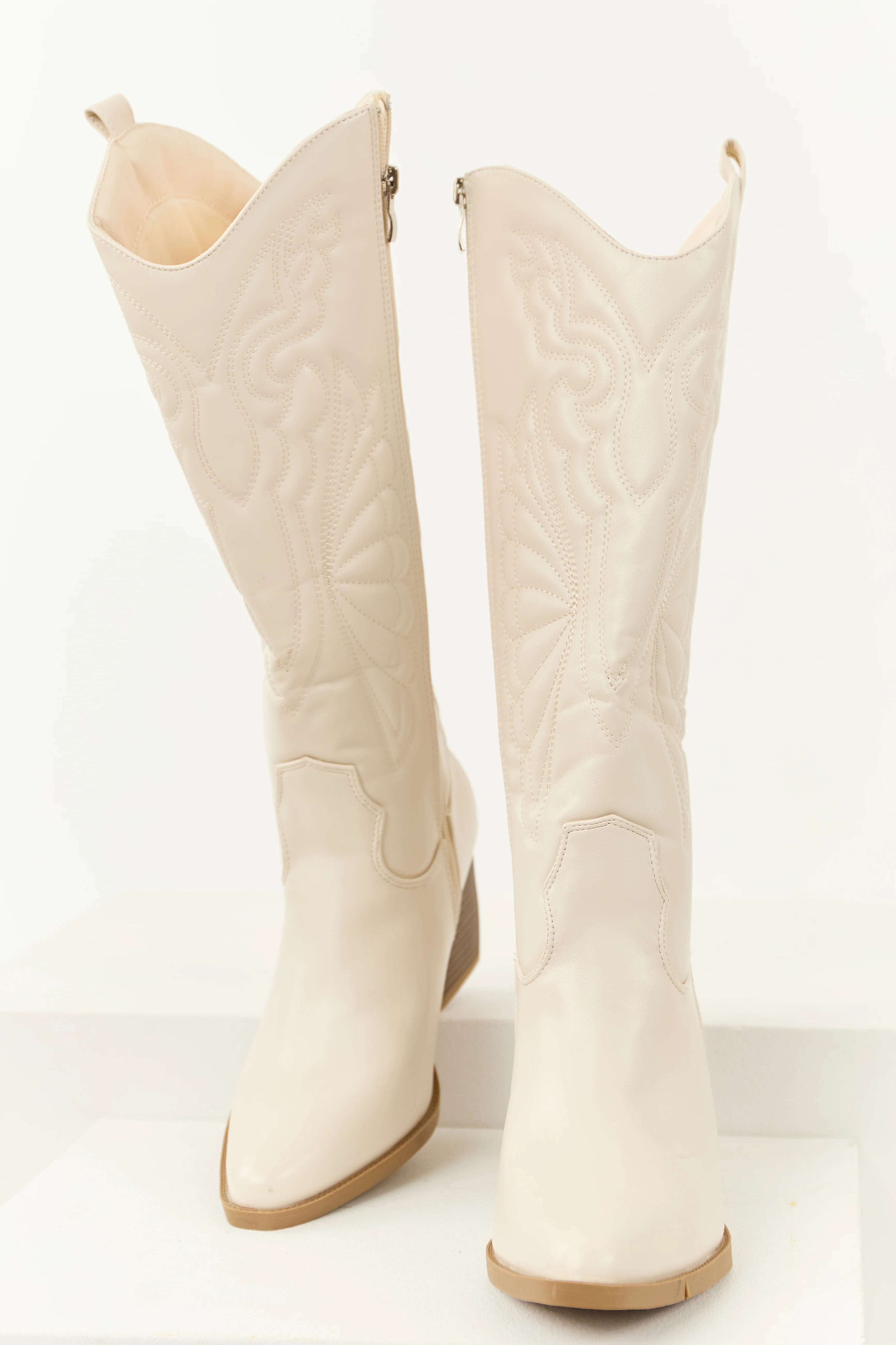 Ivory Faux Leather Tall Block Heel Cowboy Boots - Image 4
