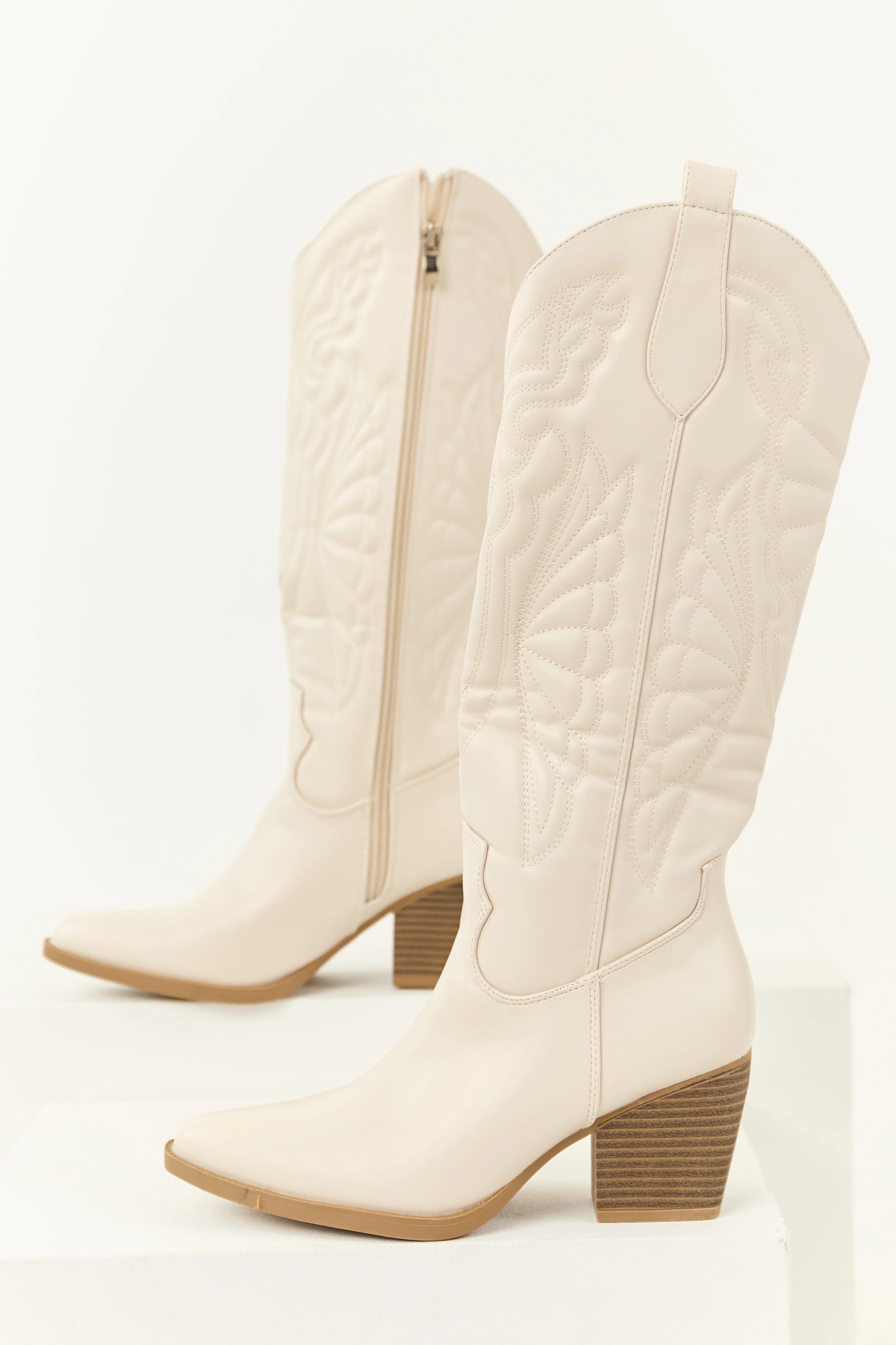 Ivory Faux Leather Tall Block Heel Cowboy Boots - Image 5