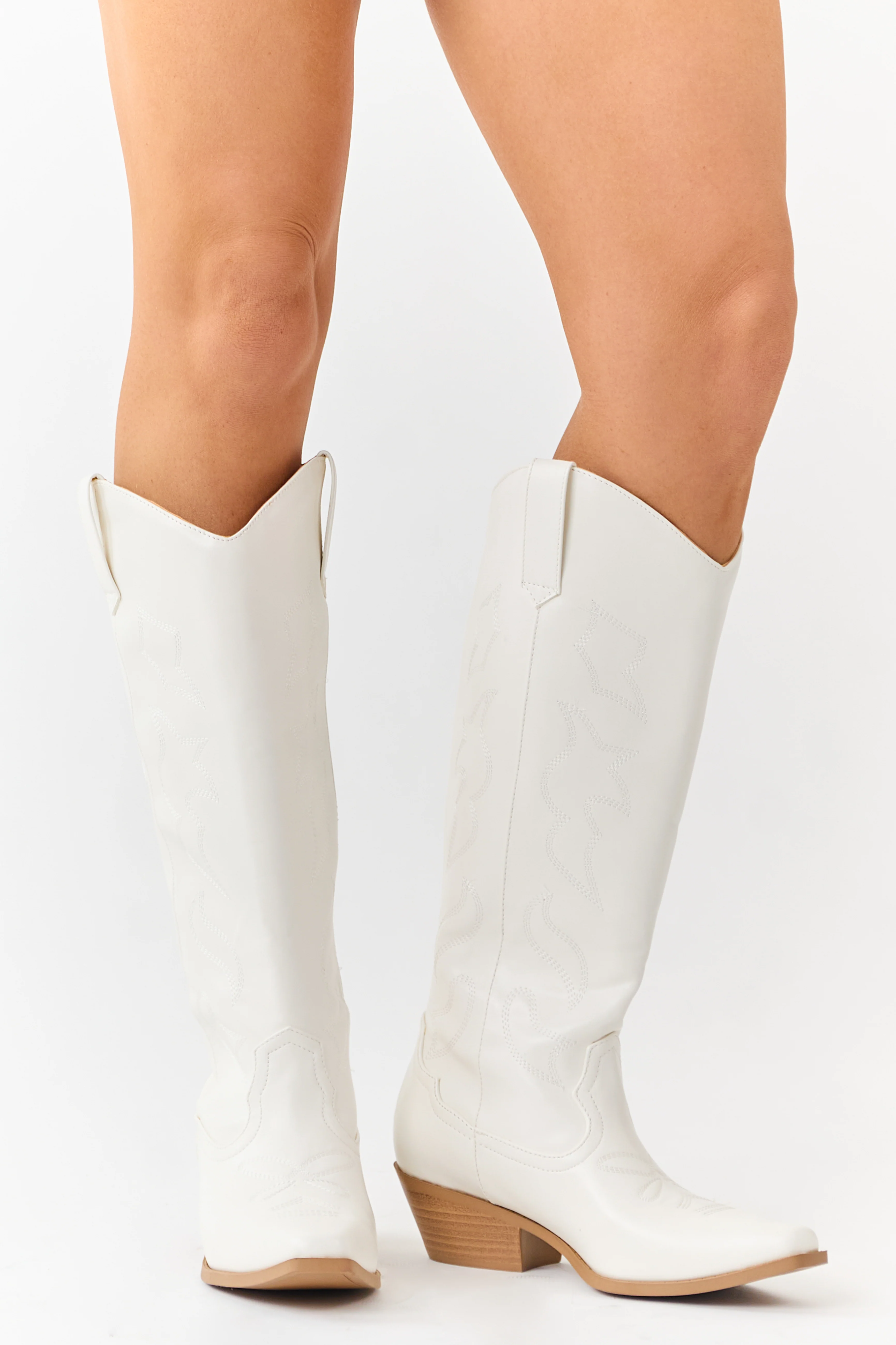 Ivory Faux Leather Western Embroidered Tall Boots - Image 2