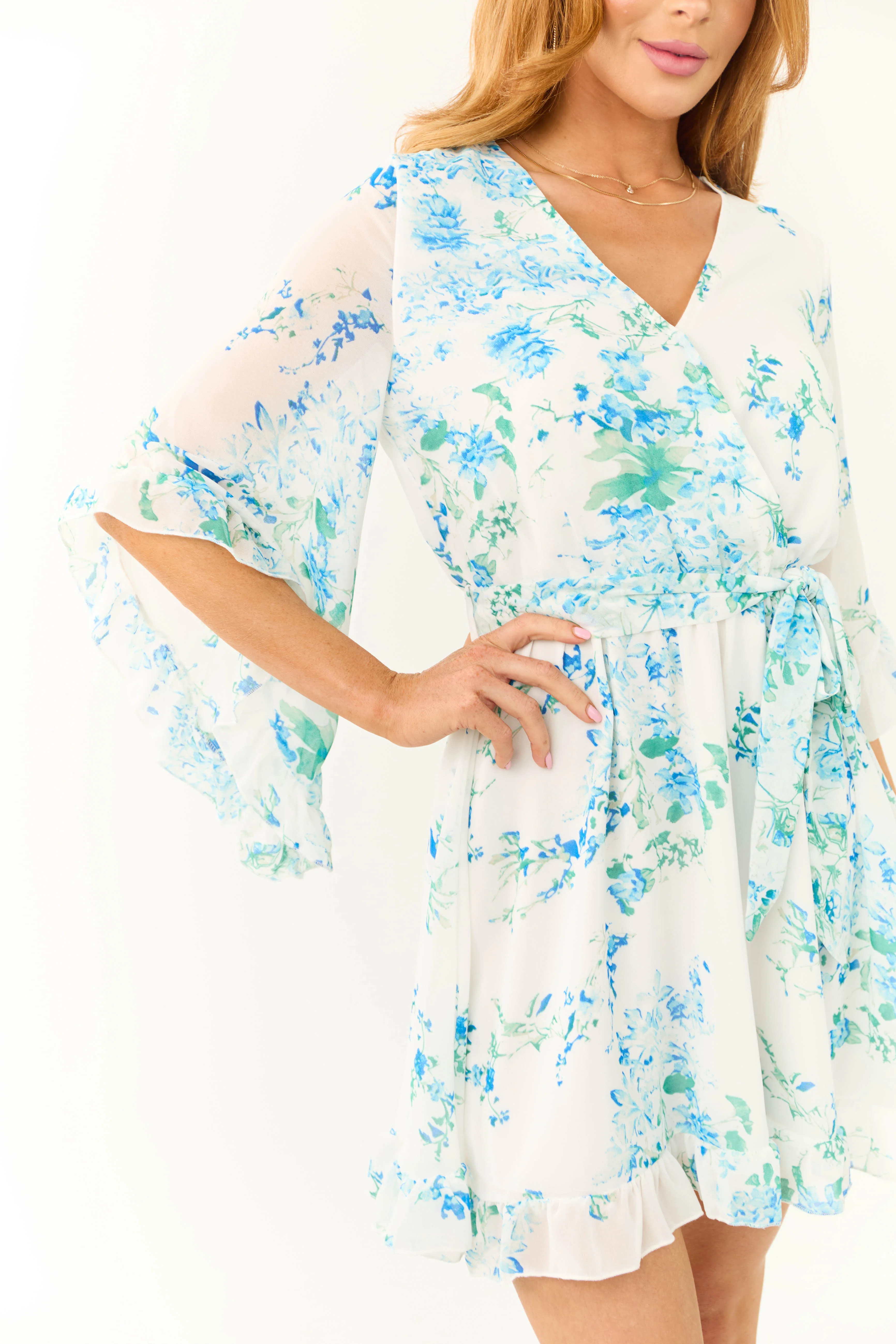 Ivory Floral Print Half Sleeve Short Dress - Image 7