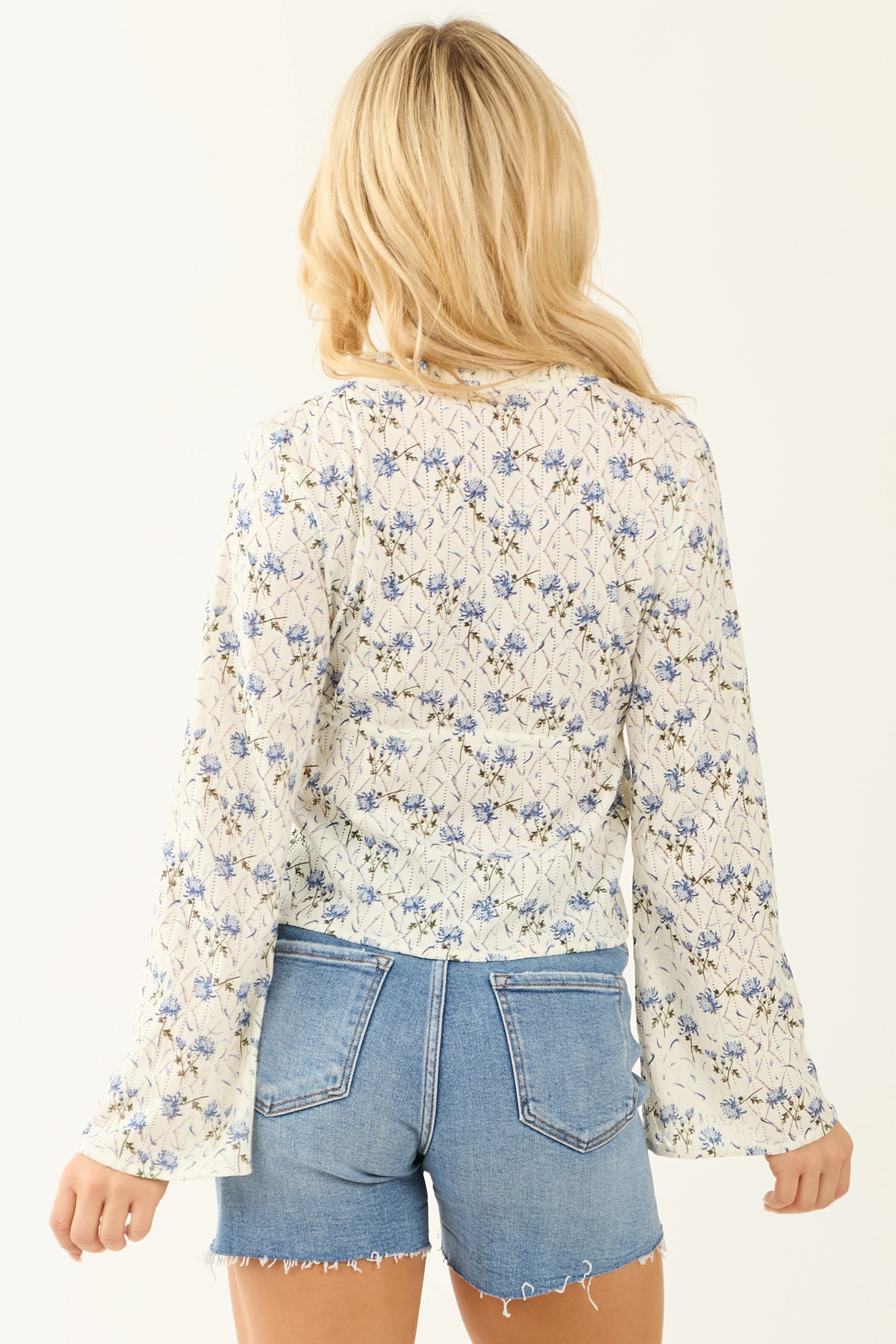 Ivory Floral Print Long Sleeve Open Tie Front Top - Image 5