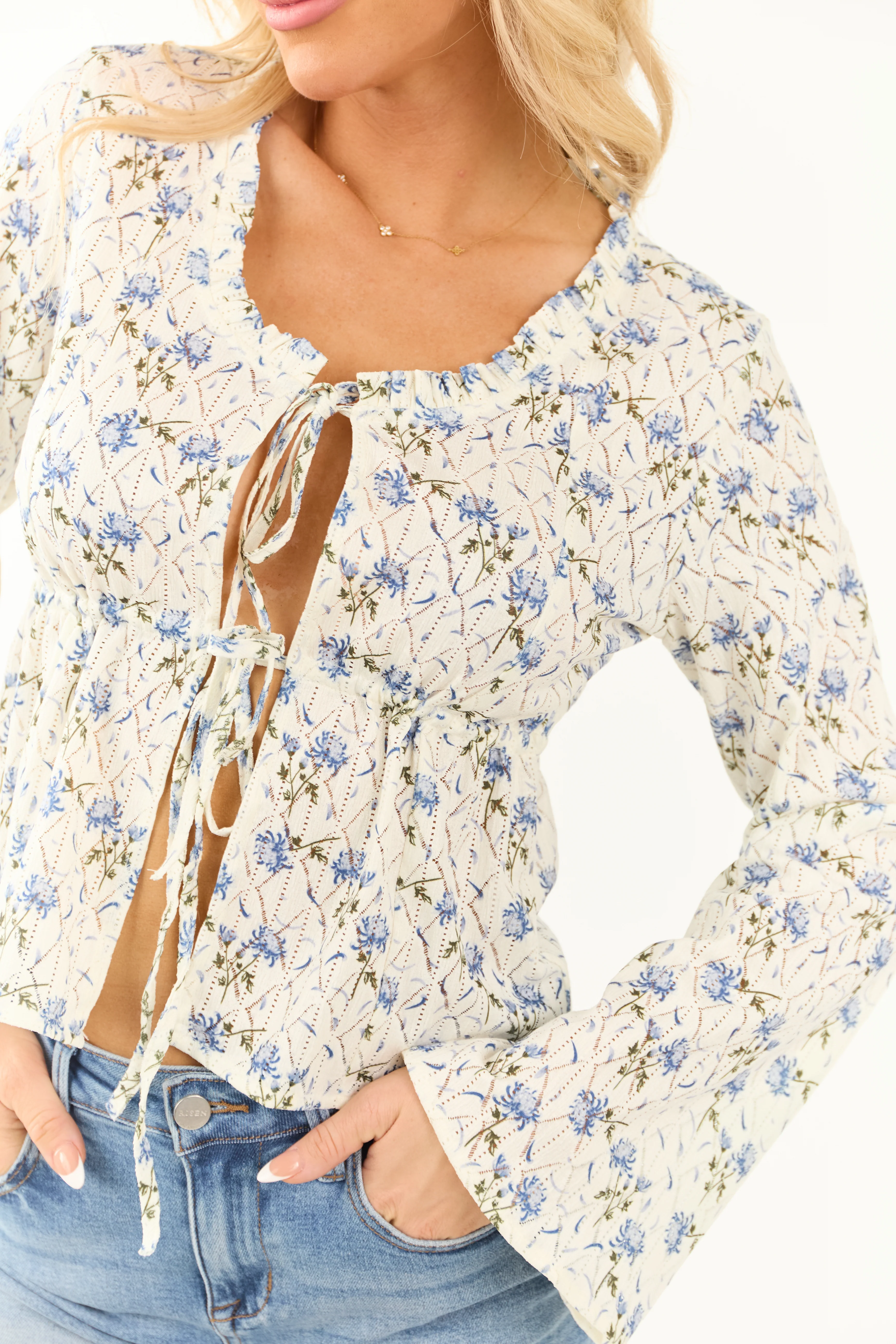 Ivory Floral Print Long Sleeve Open Tie Front Top - Image 6