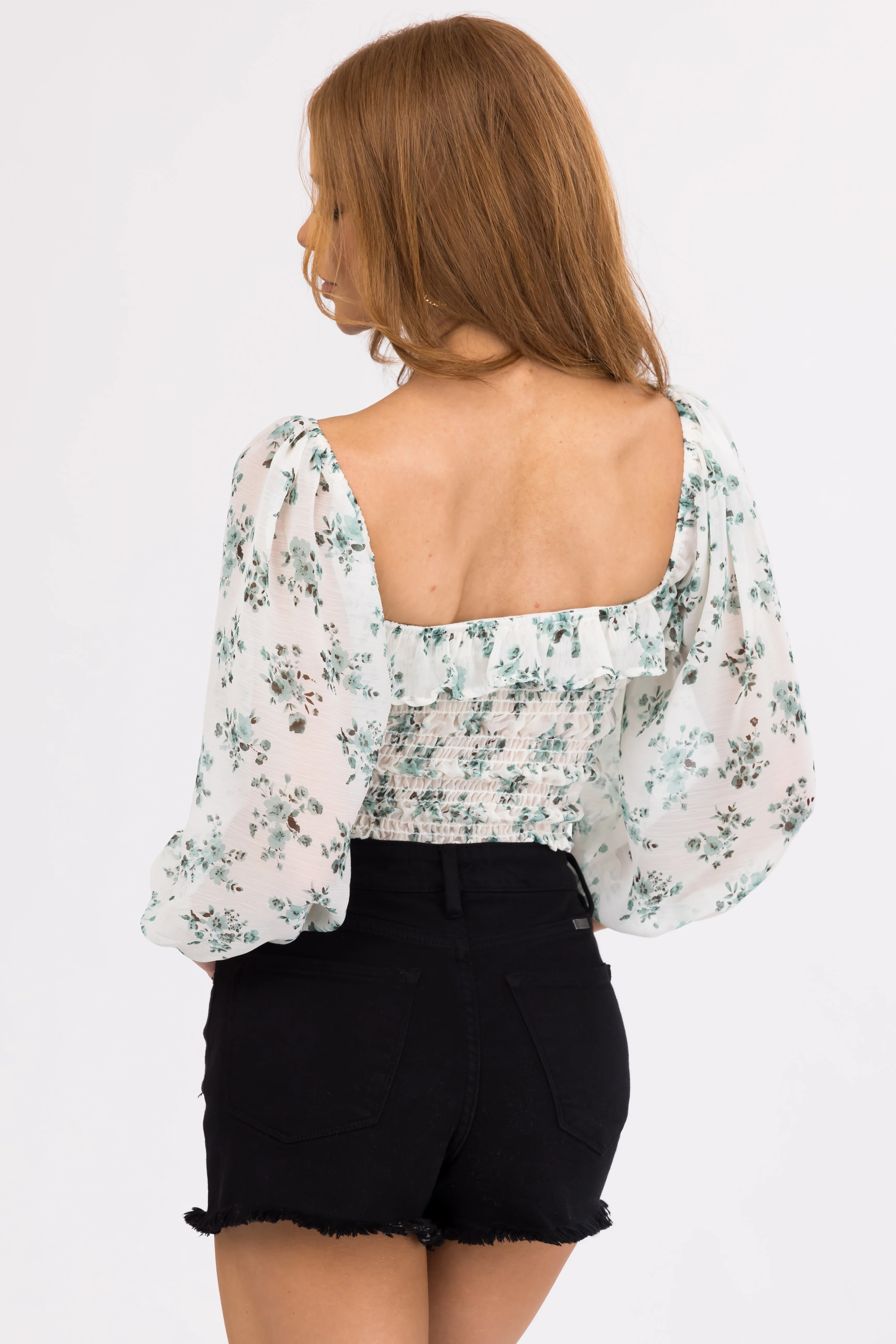 Ivory Floral Print Square Neck Top - Image 4