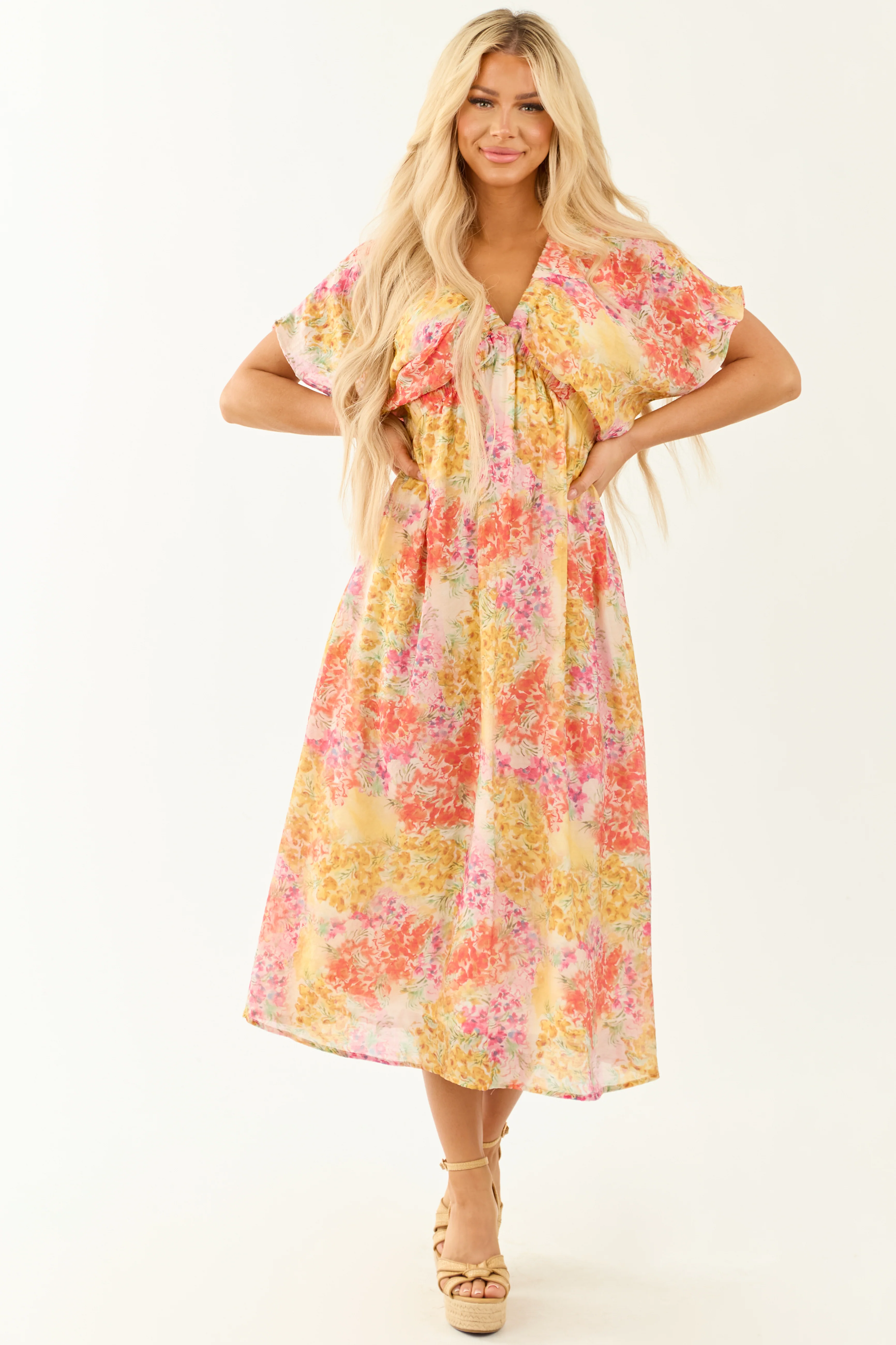 Ivory Floral Print V Neck Short Sleeve Midi Dress