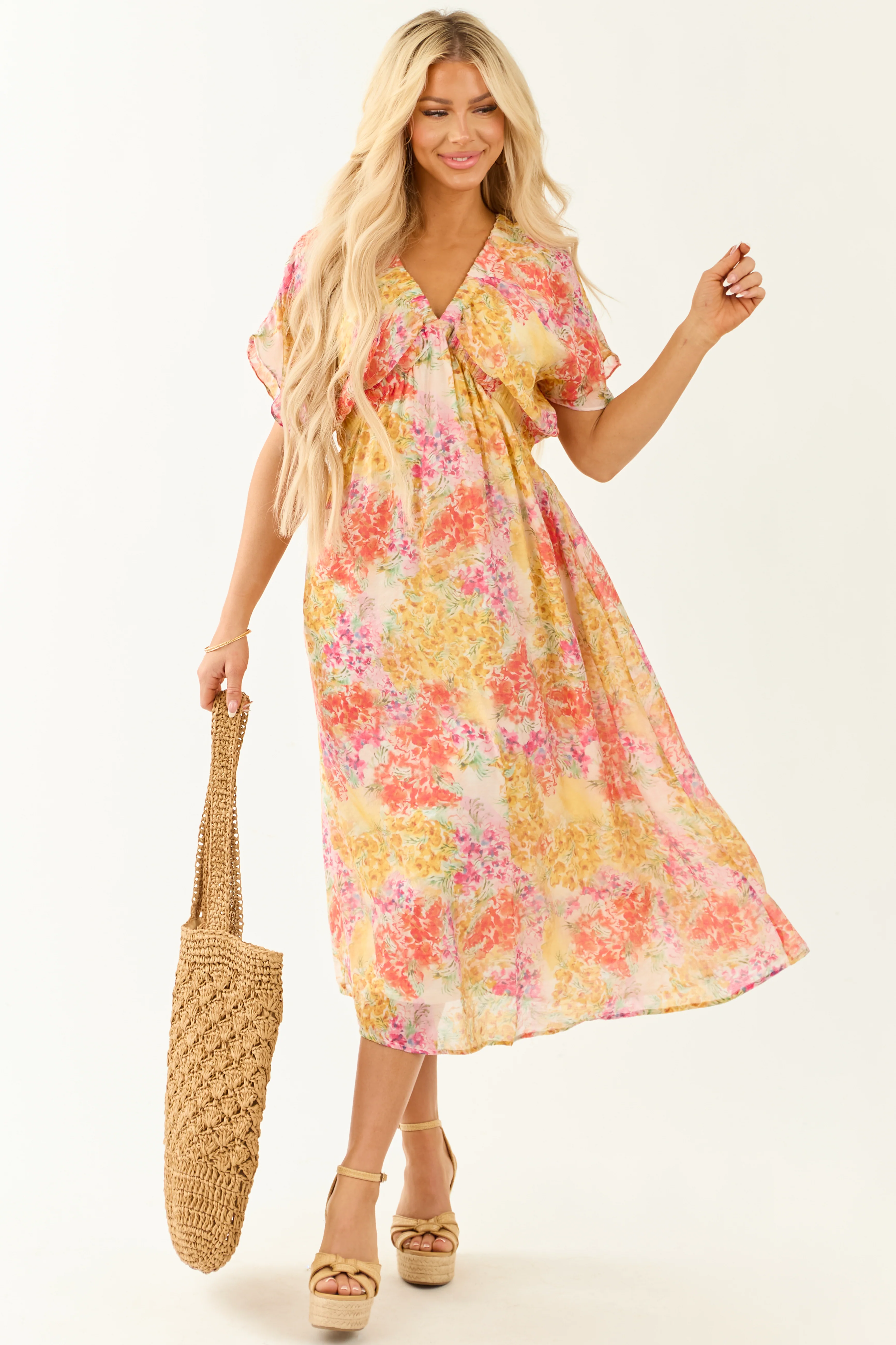 Ivory Floral Print V Neck Short Sleeve Midi Dress - Image 3