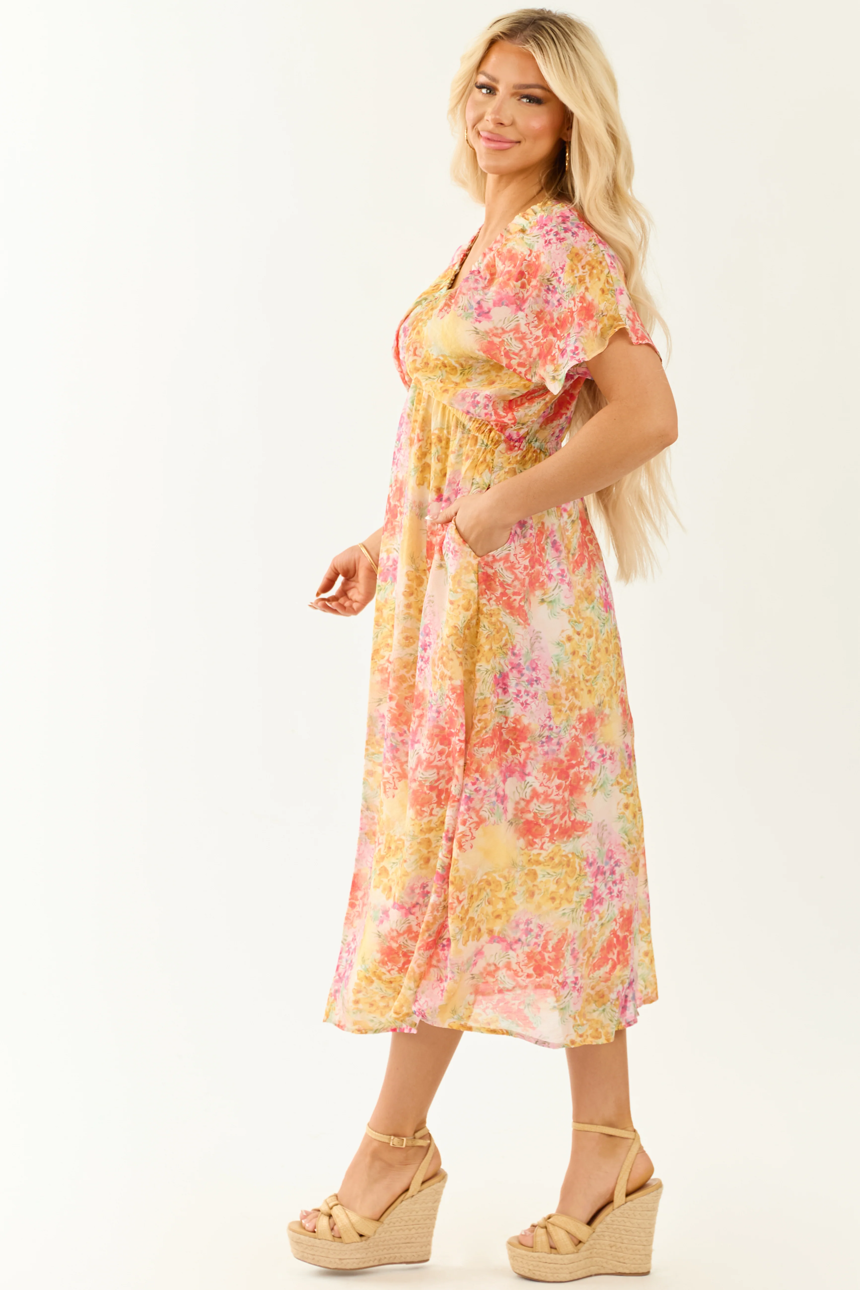 Ivory Floral Print V Neck Short Sleeve Midi Dress - Image 4