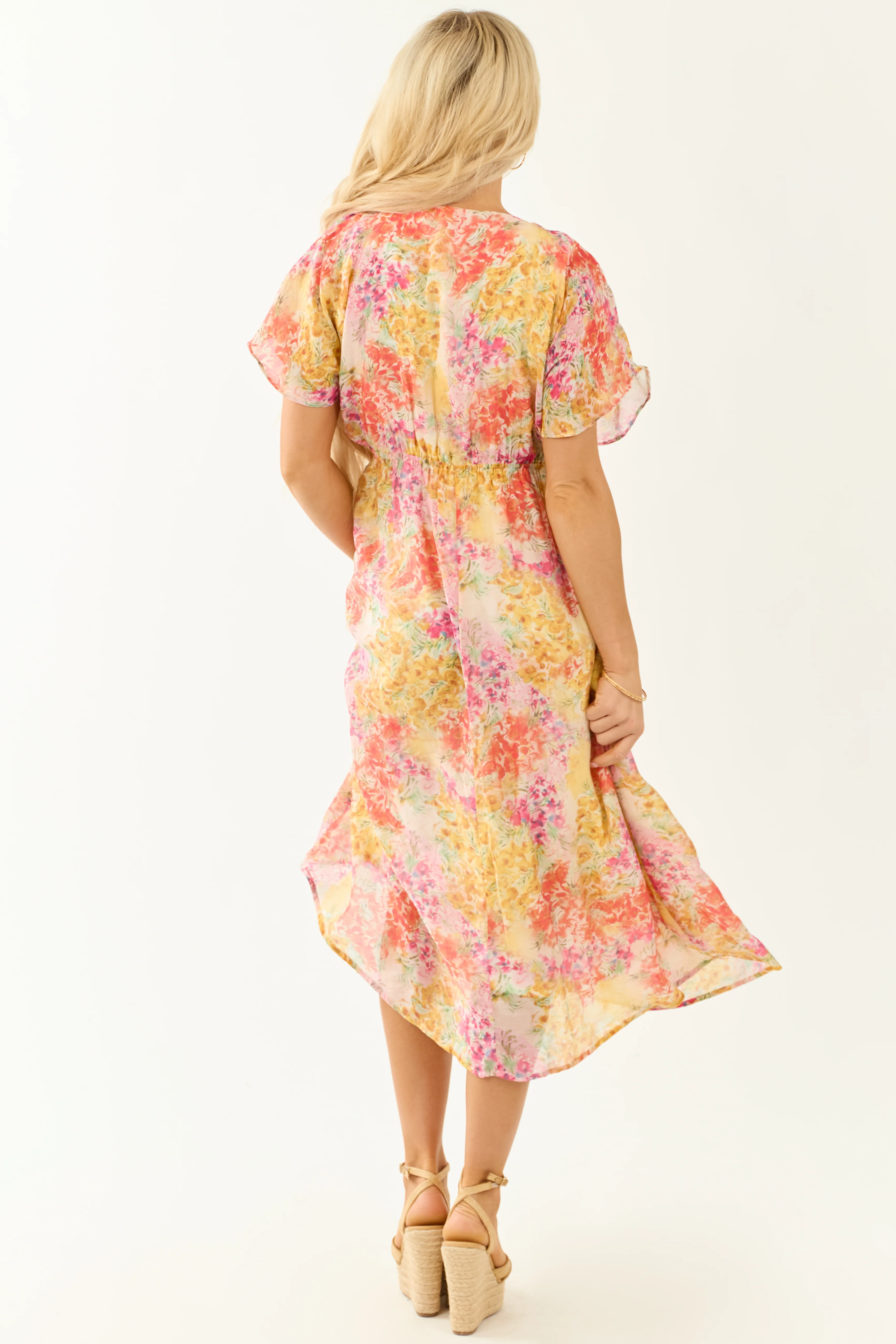 Ivory Floral Print V Neck Short Sleeve Midi Dress - Image 5