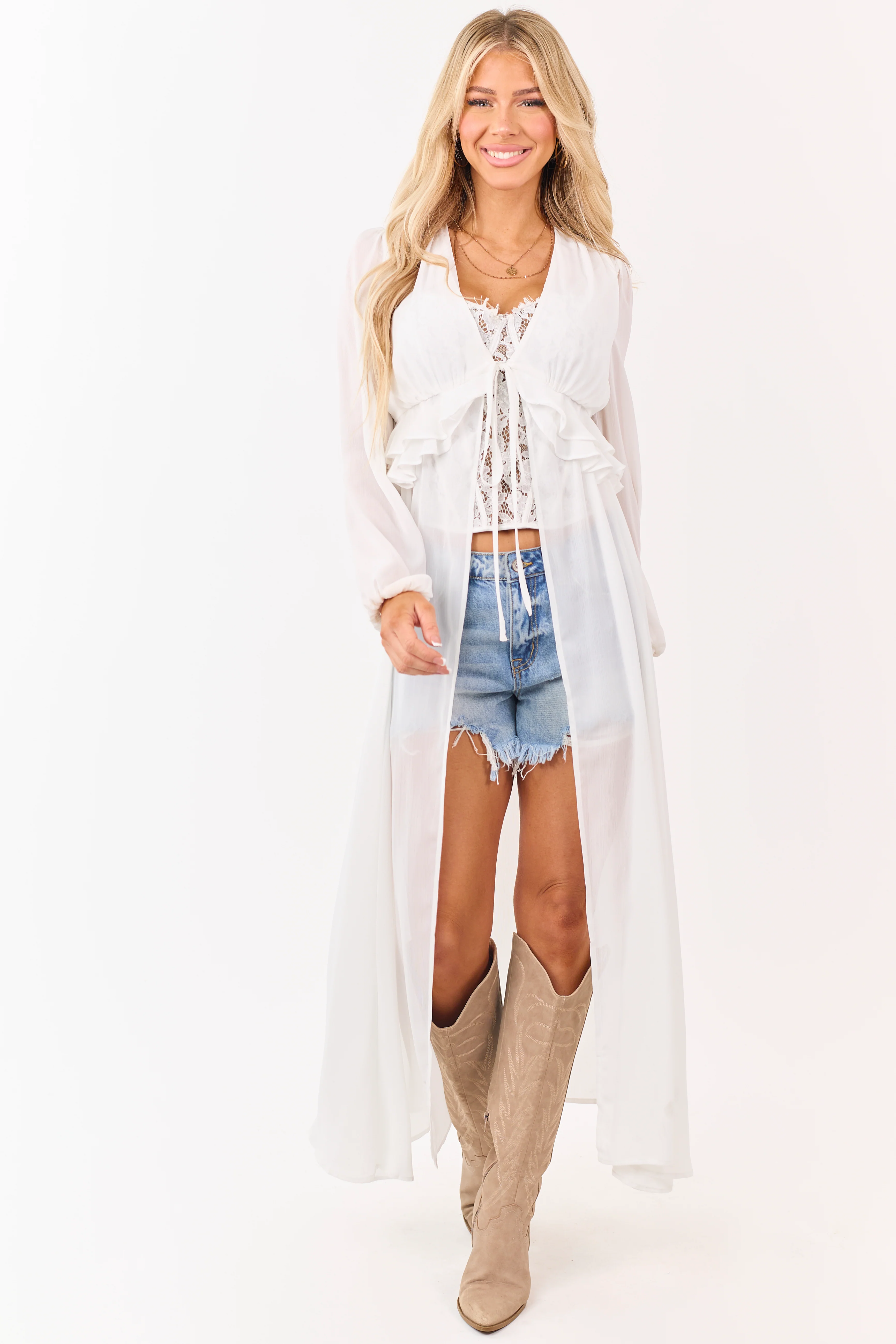 Ivory Front Tie Side Cut Out Sheer Duster Cardigan - Image 2