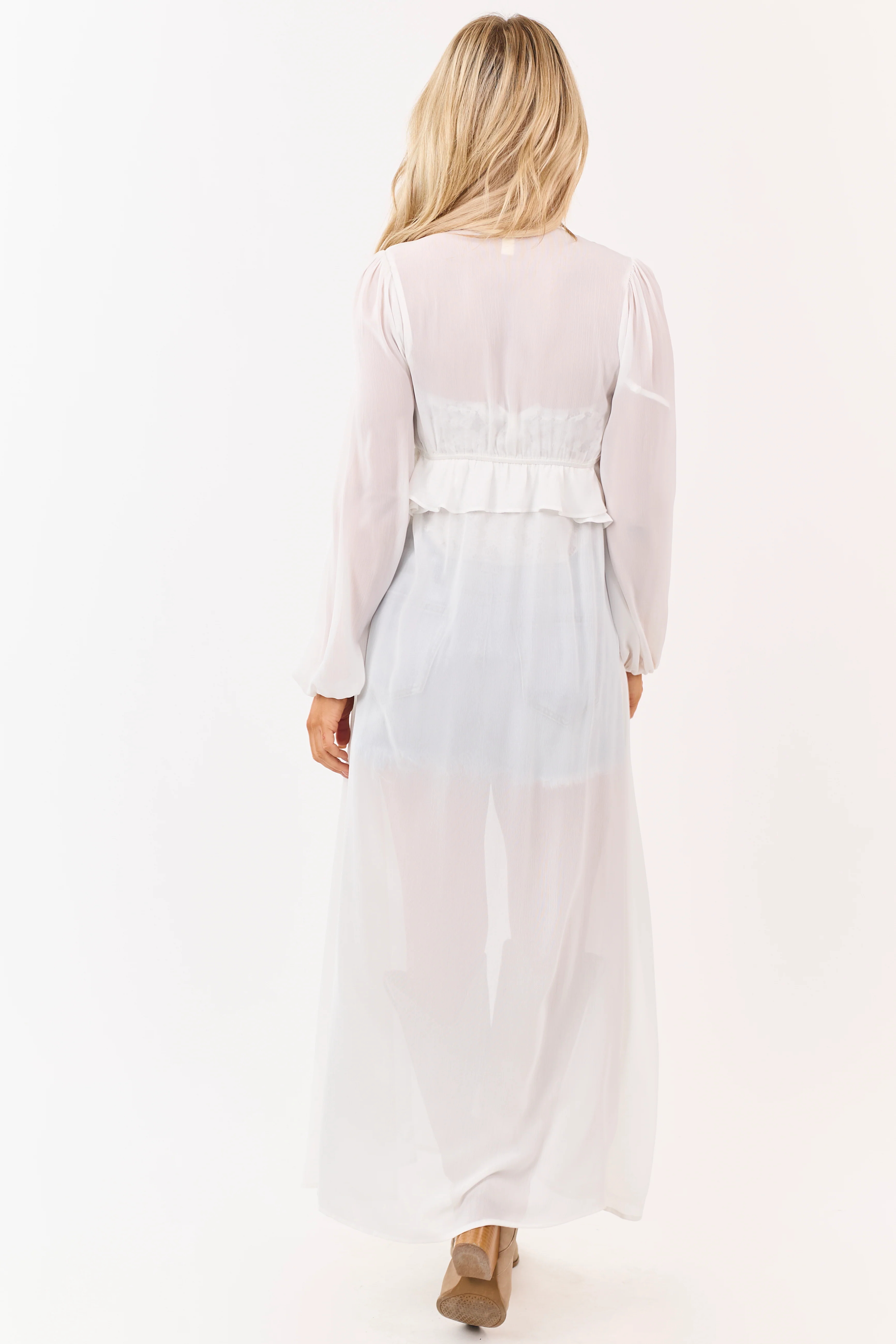 Ivory Front Tie Side Cut Out Sheer Duster Cardigan - Image 6