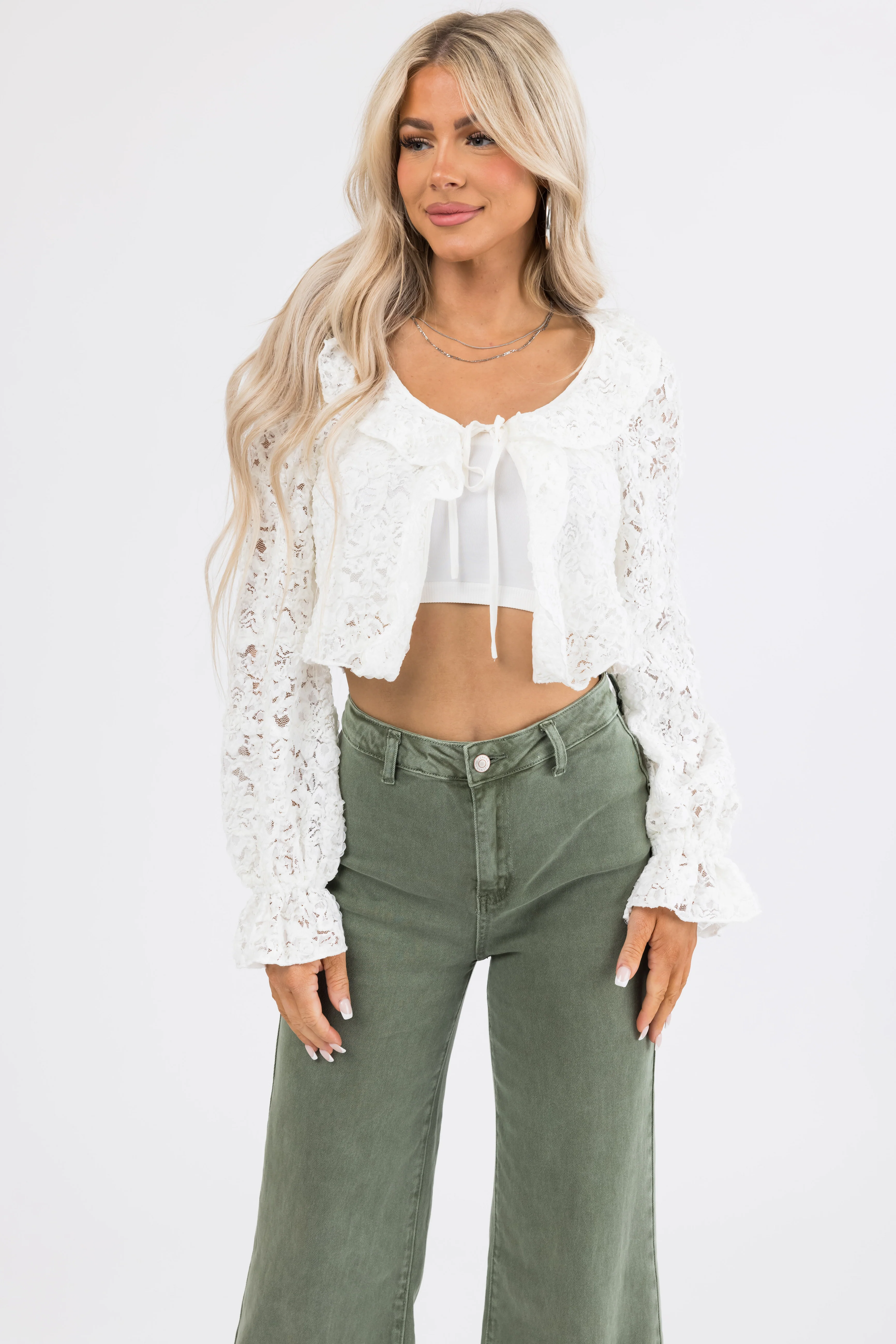 Ivory Lace Long Sleeve Ruffle Top - Image 3