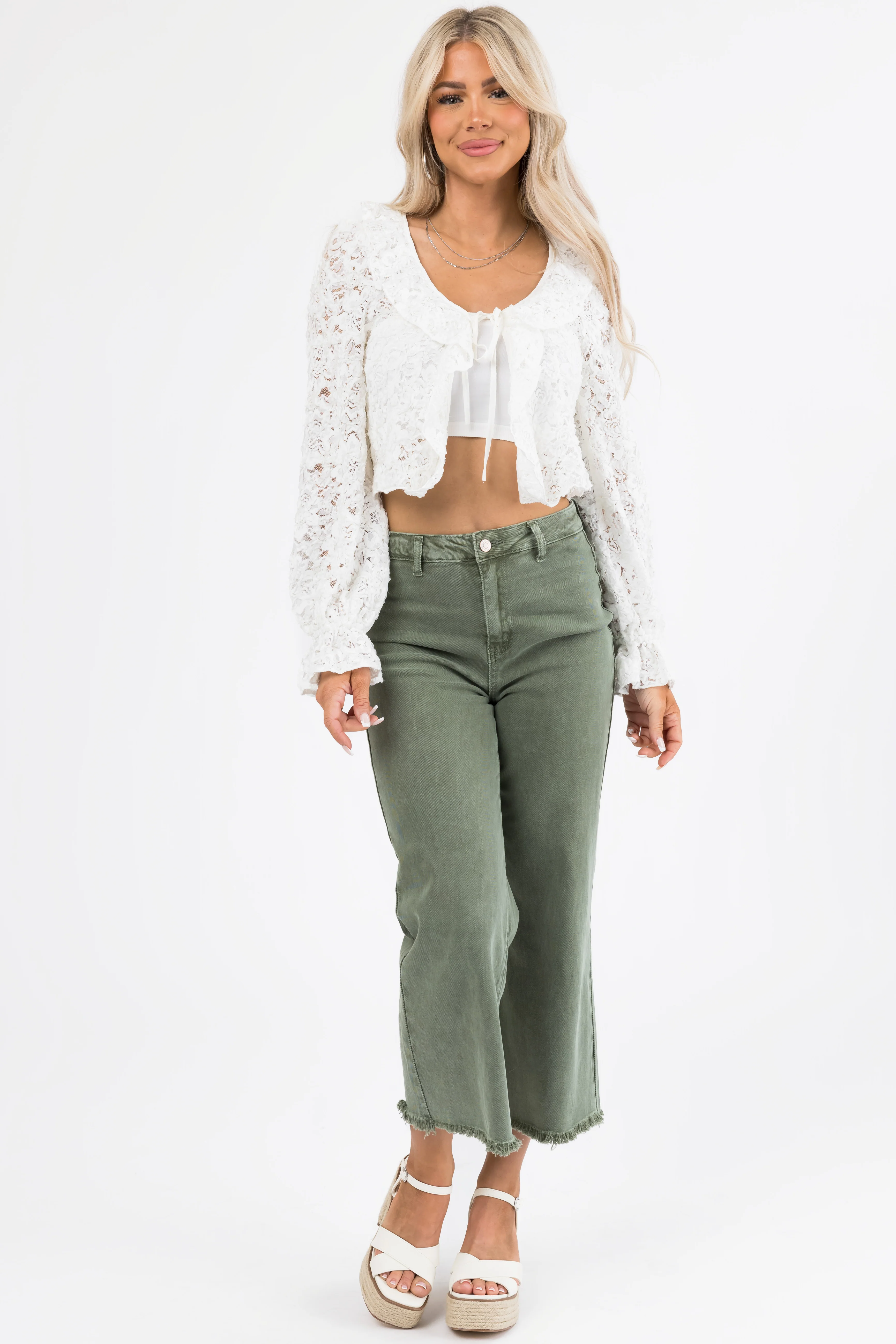 Ivory Lace Long Sleeve Ruffle Top - Image 4