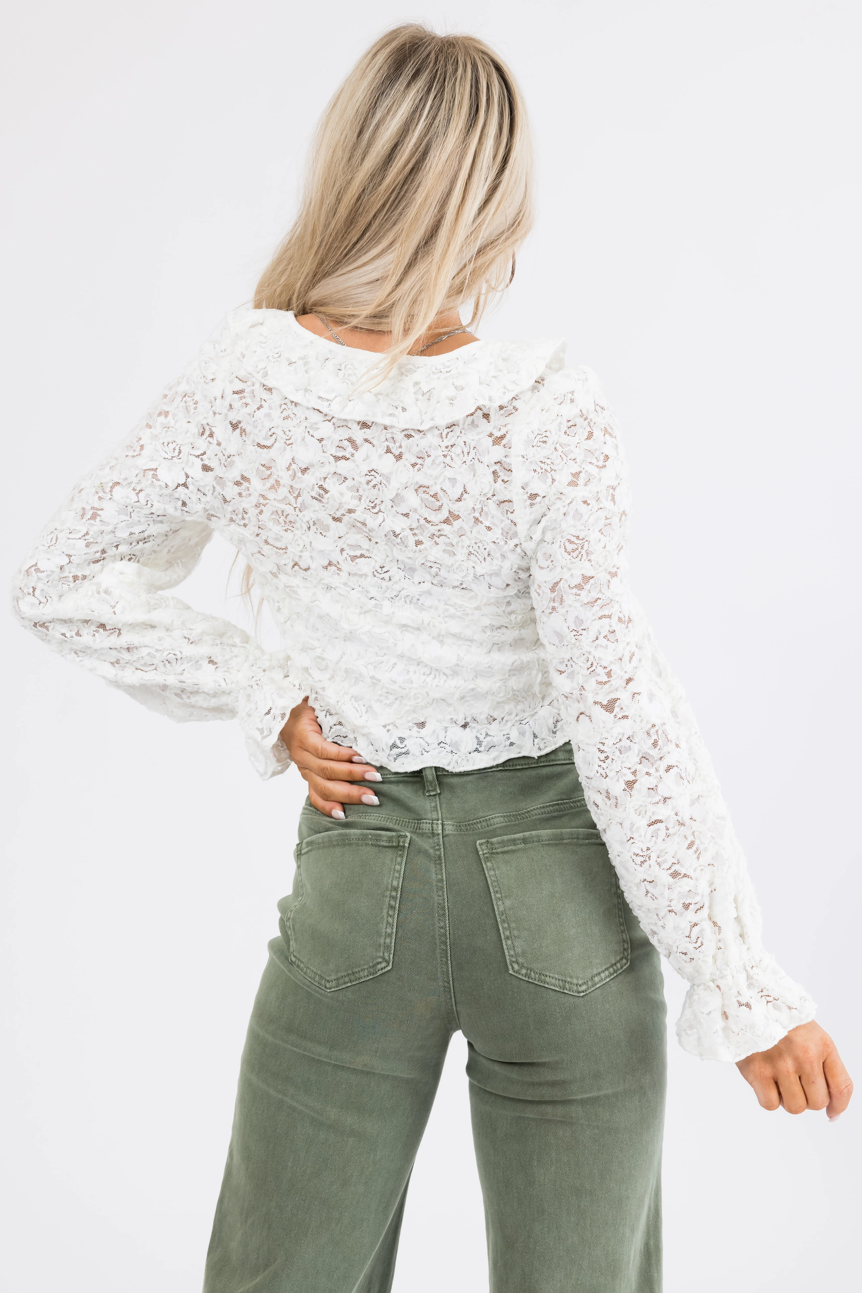 Ivory Lace Long Sleeve Ruffle Top - Image 6