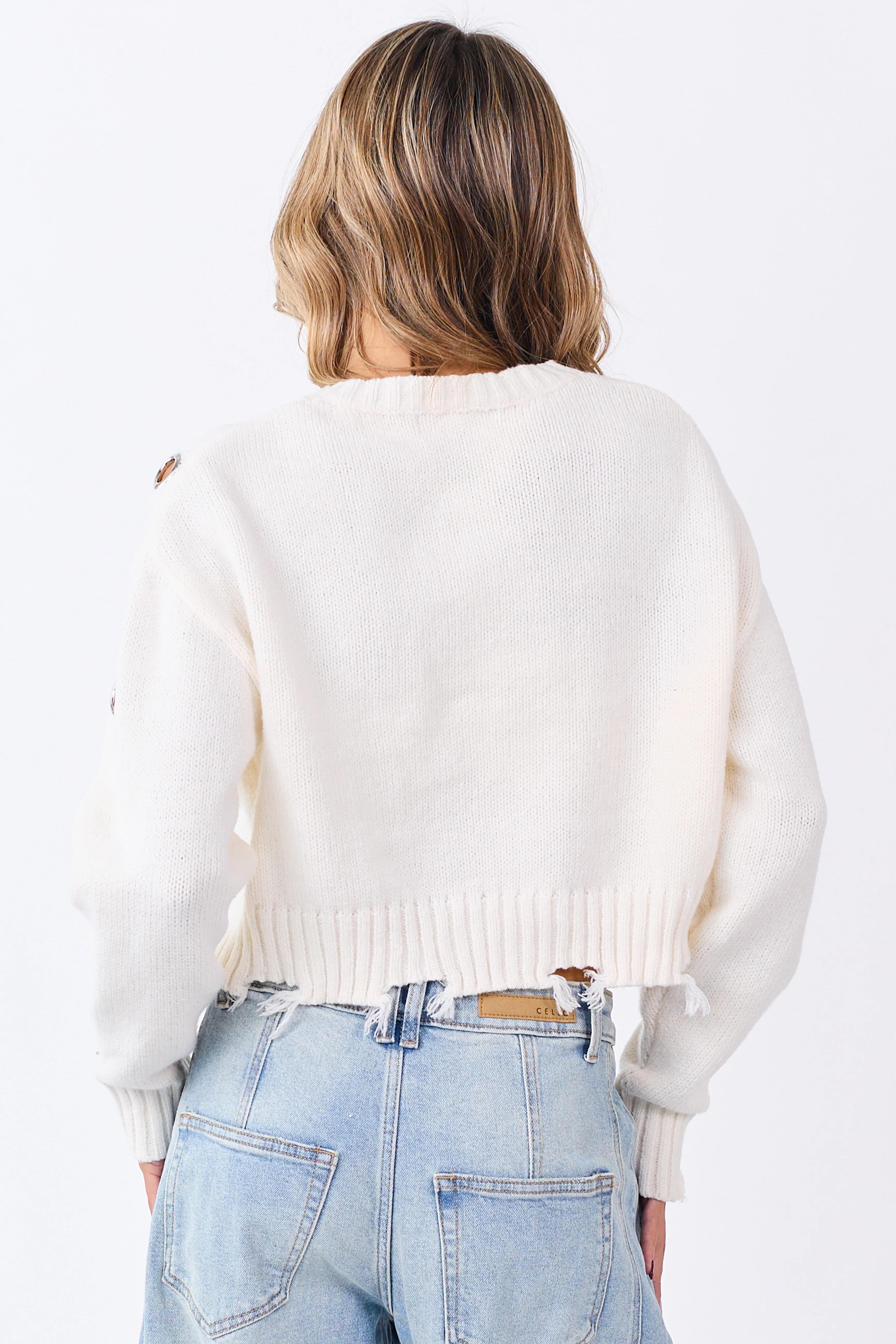 Ivory Large Grommet Cropped Knit Sweater - Image 5