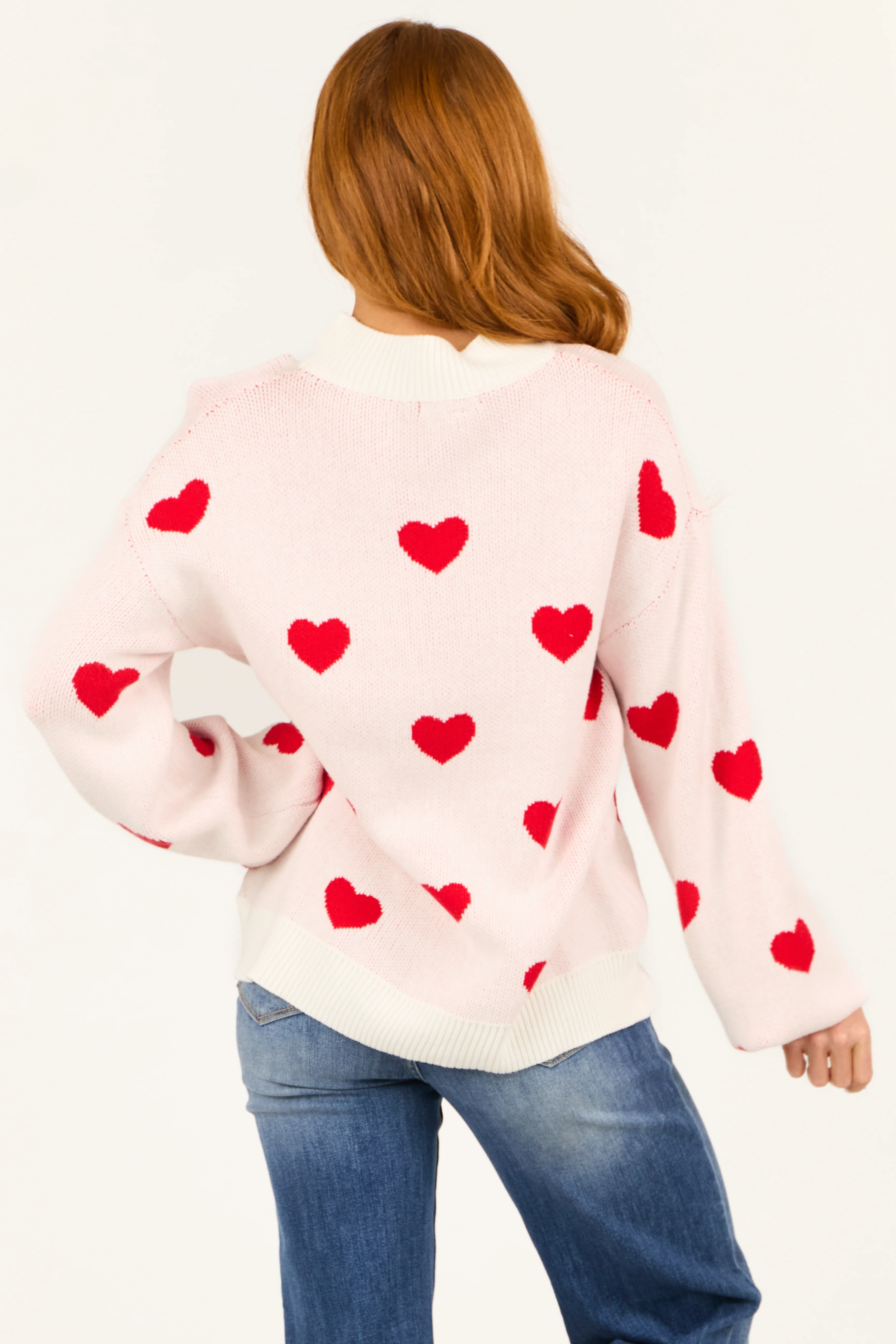 Ivory and Red Bubble Sleeve Heart Sweater - Image 5