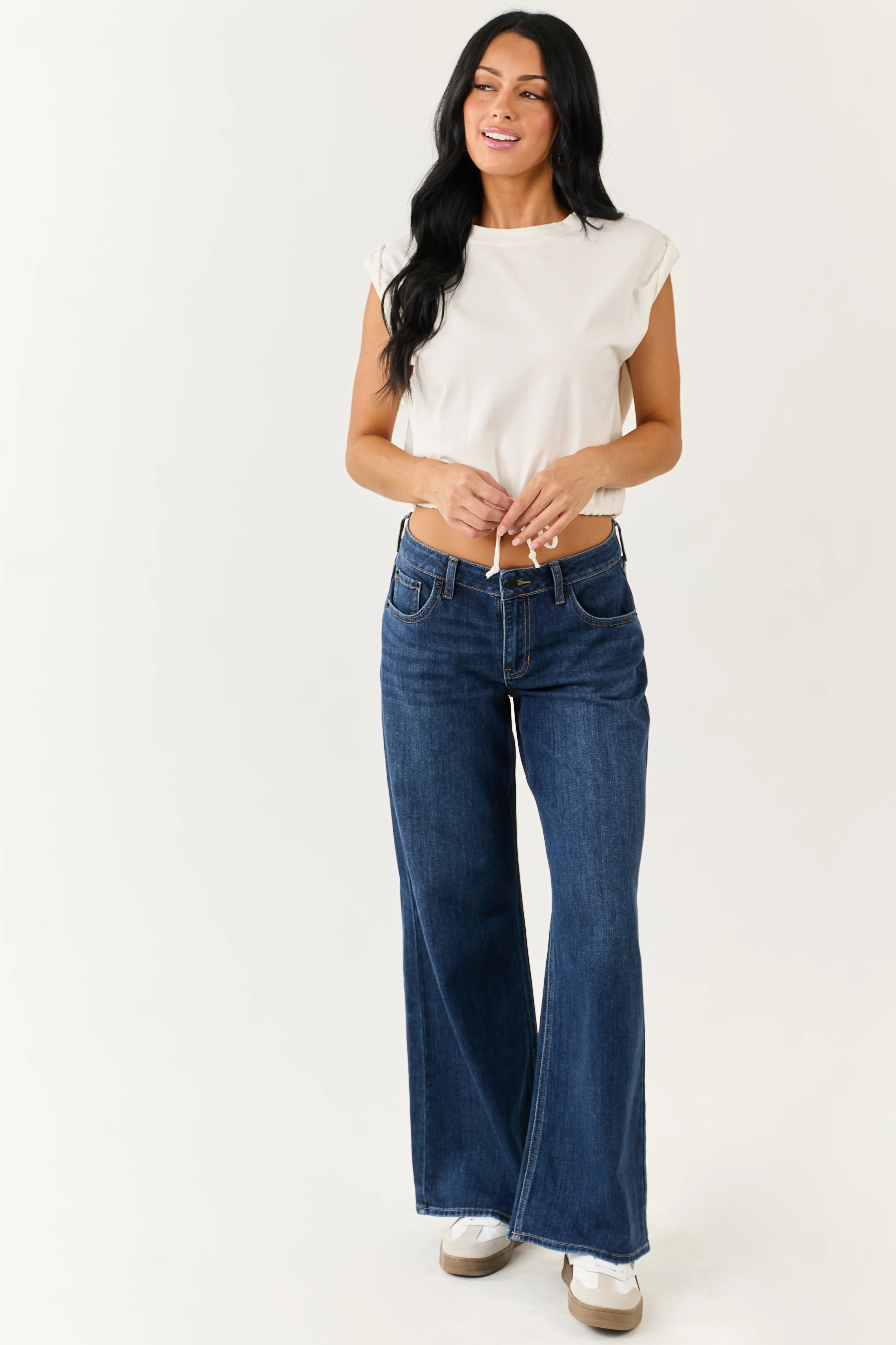 Ivory Rolled Sleeve Drawstring Hem Top - Image 2