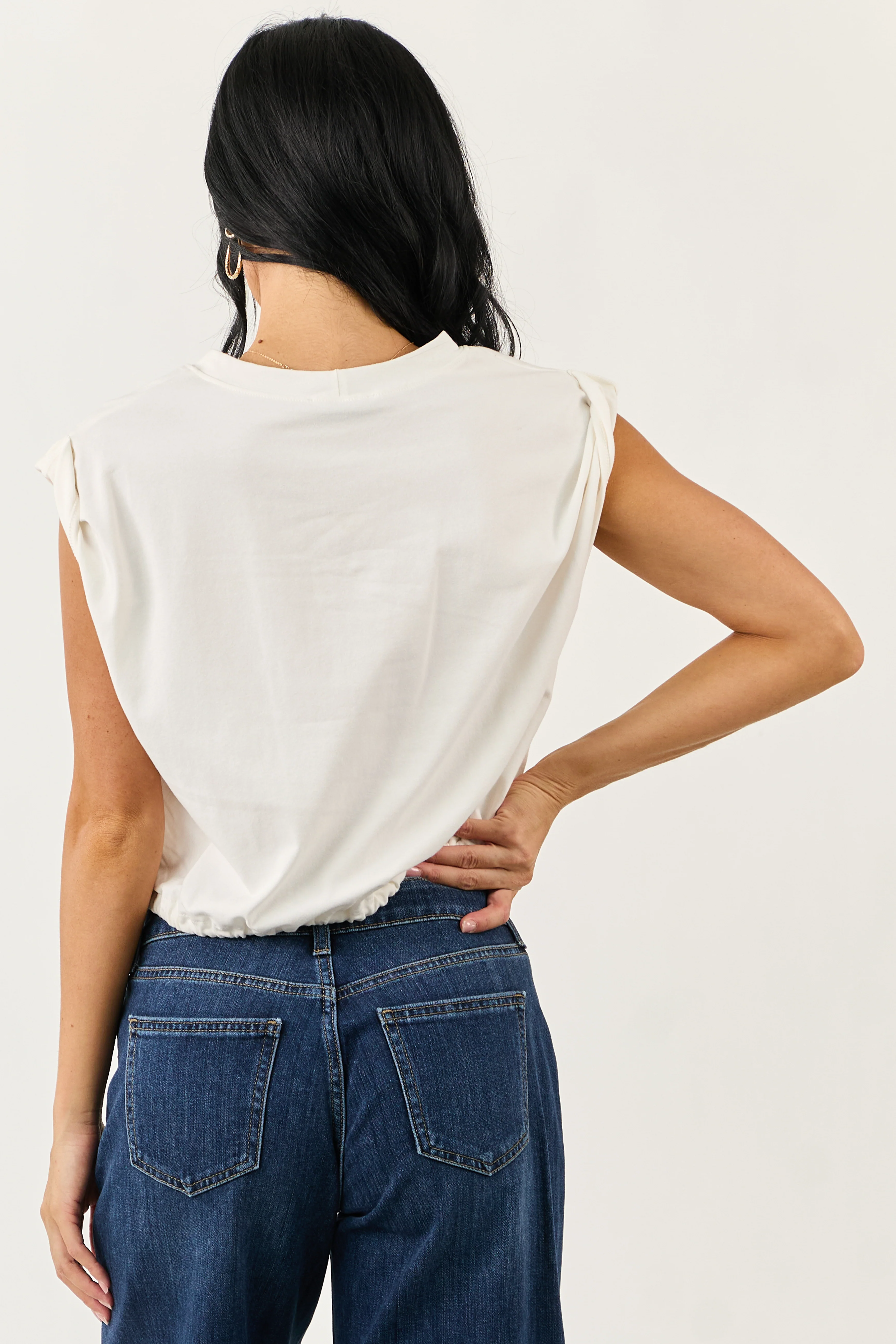 Ivory Rolled Sleeve Drawstring Hem Top - Image 5