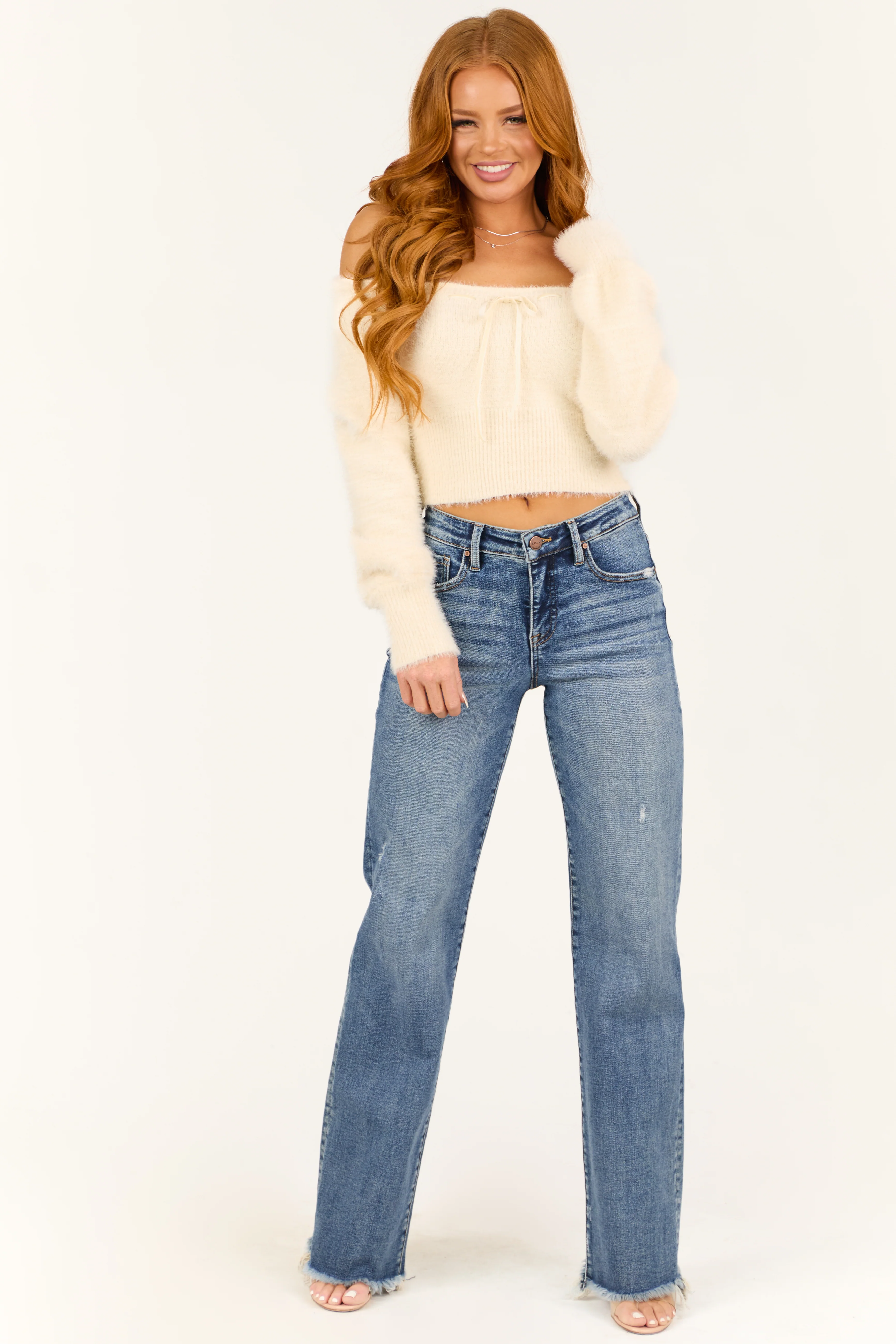 Ivory Square Neck Fuzzy Long Sleeve Sweater - Image 2