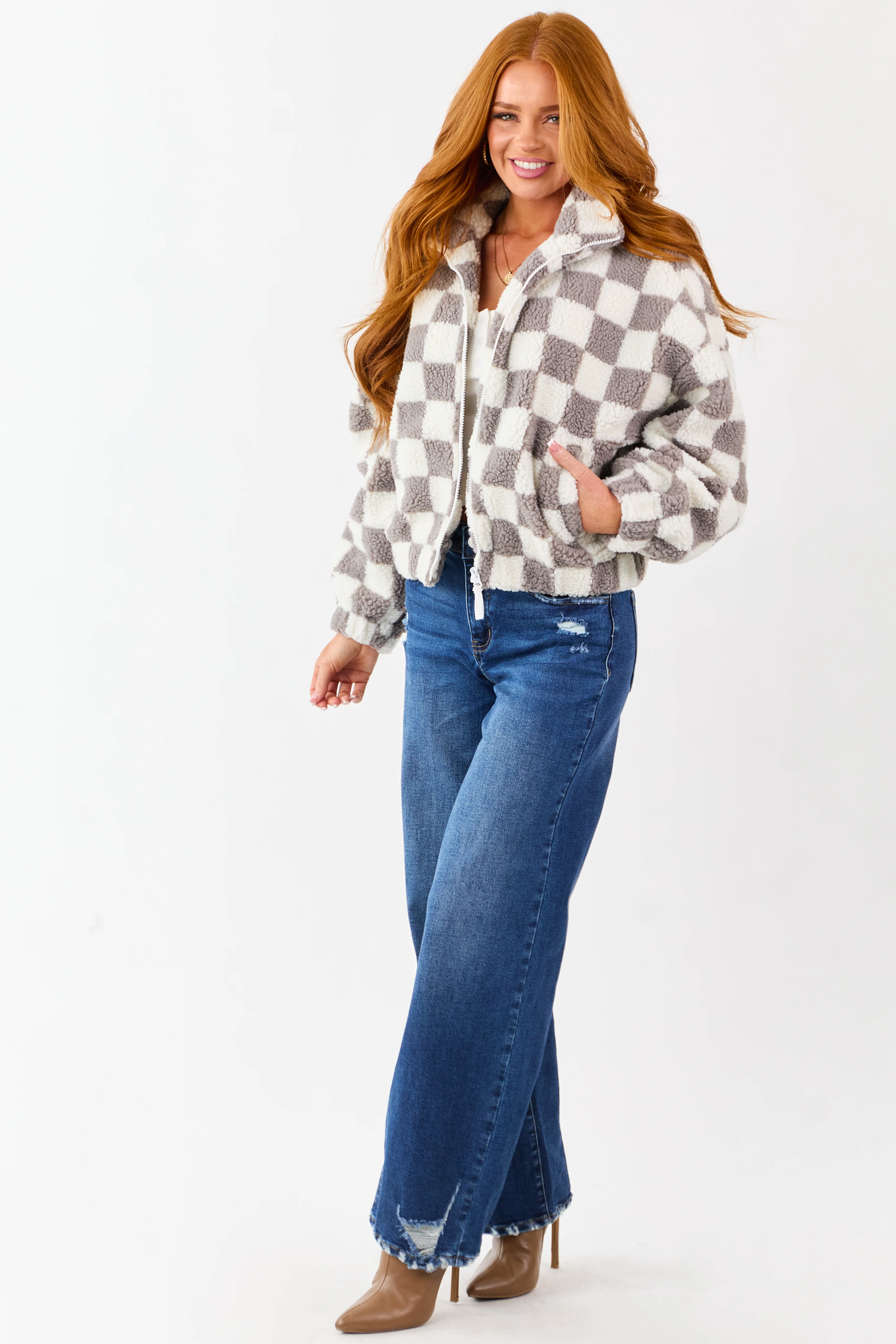 Ivory and Steel Checkered Sherpa Zip Up Jacket - Image 3